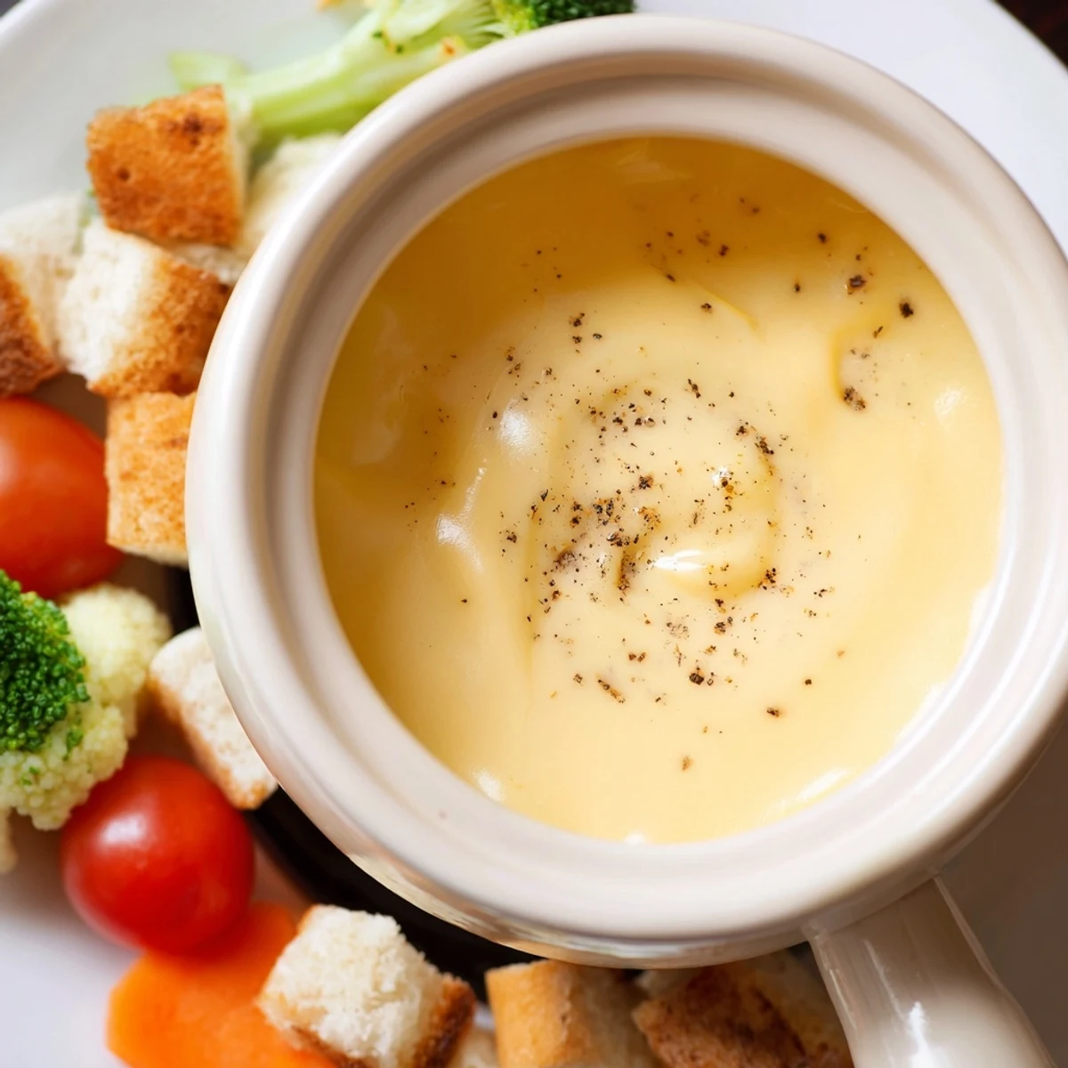 Warm, bubbling Swiss cheese fondue with bread cubes and fresh vegetables, inviting a communal meal.