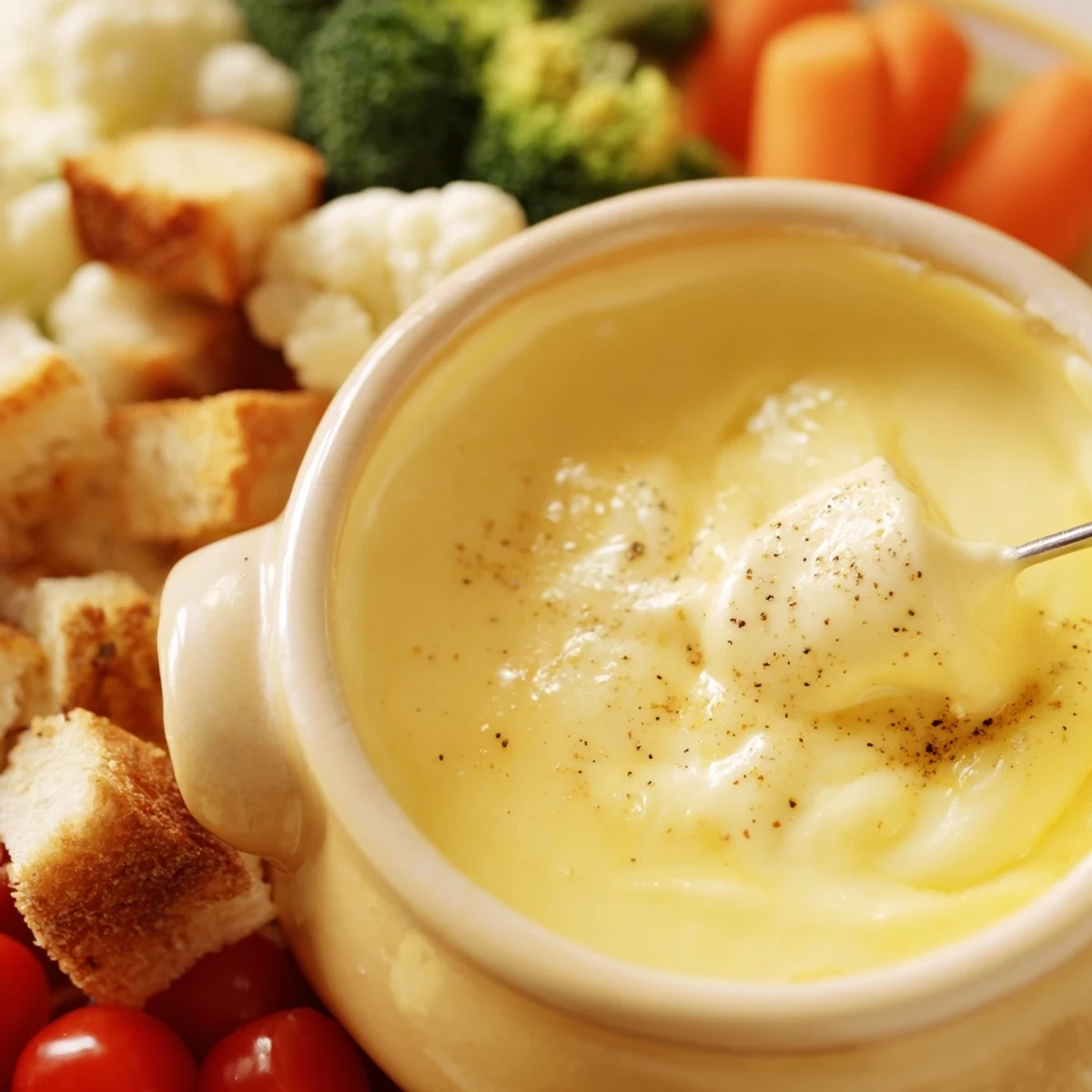 Melted Swiss cheese fondue, a creamy delight, is ready for dipping crusty bread in this traditional dish.