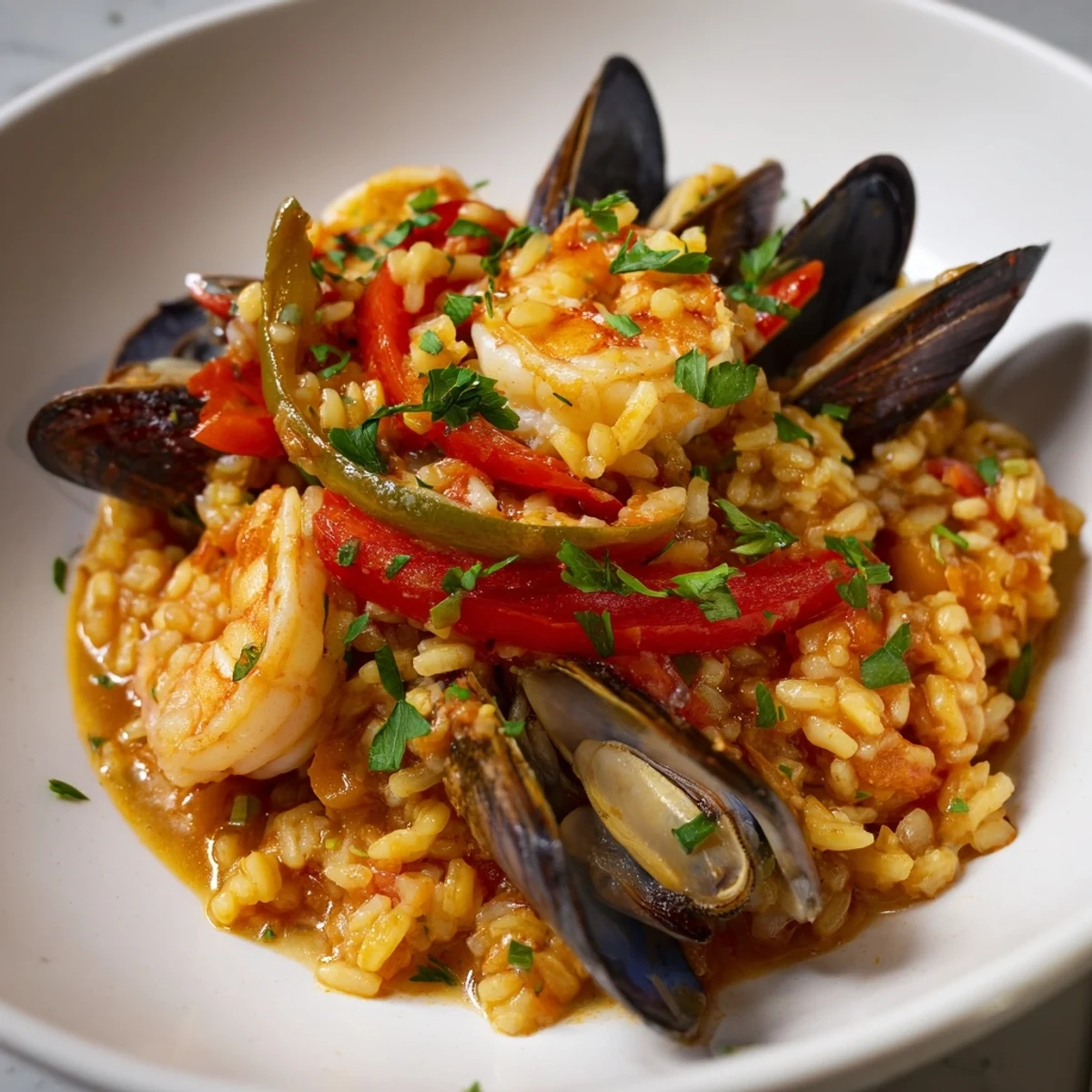 Golden saffron-infused rice and plump seafood in this irresistible Spanish seafood paella.