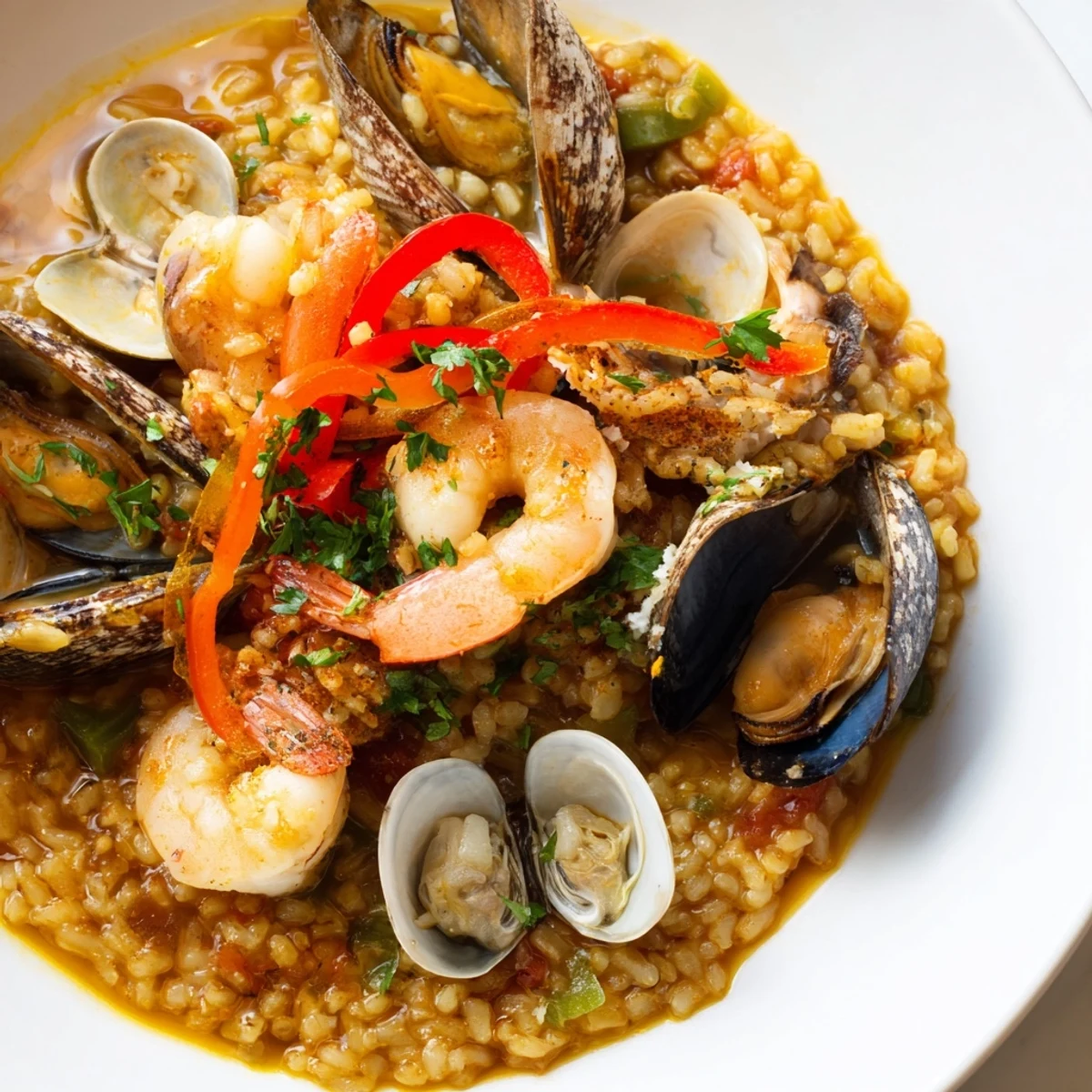Vibrant Spanish seafood paella, showcasing a medley of shrimp, mussels, and clams, ready to enjoy.