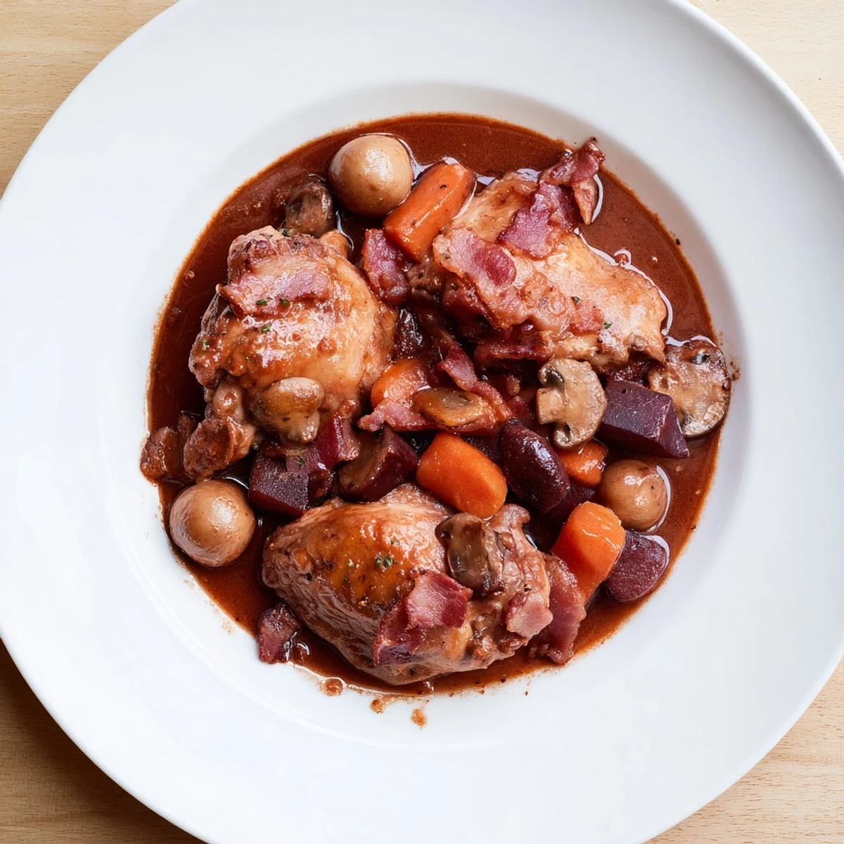 Tender Coq au Vin, a hearty French stew featuring chicken braised in rich red wine.
