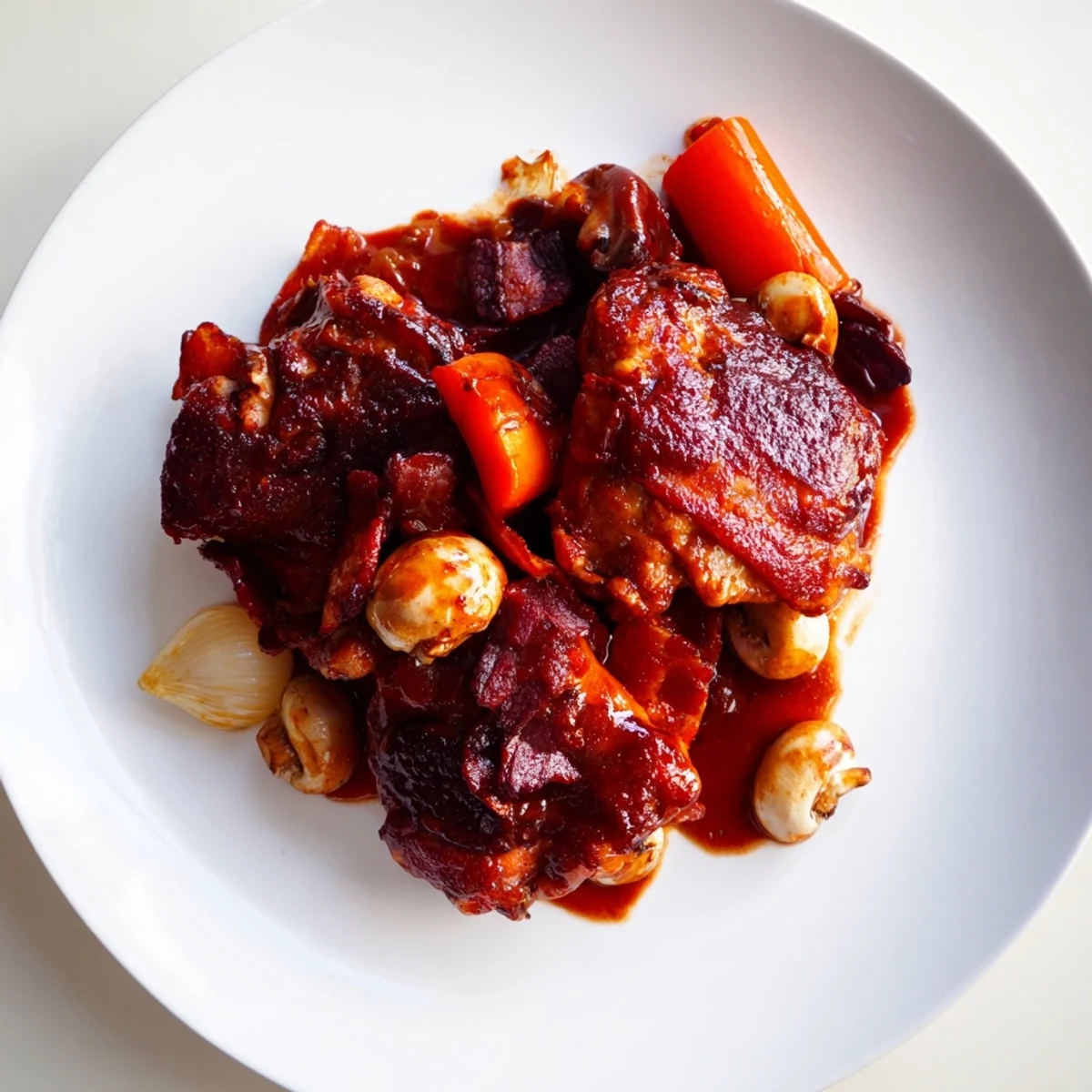 Aromatic Coq au Vin, with golden chicken pieces nestled amongst savory mushrooms and onions.