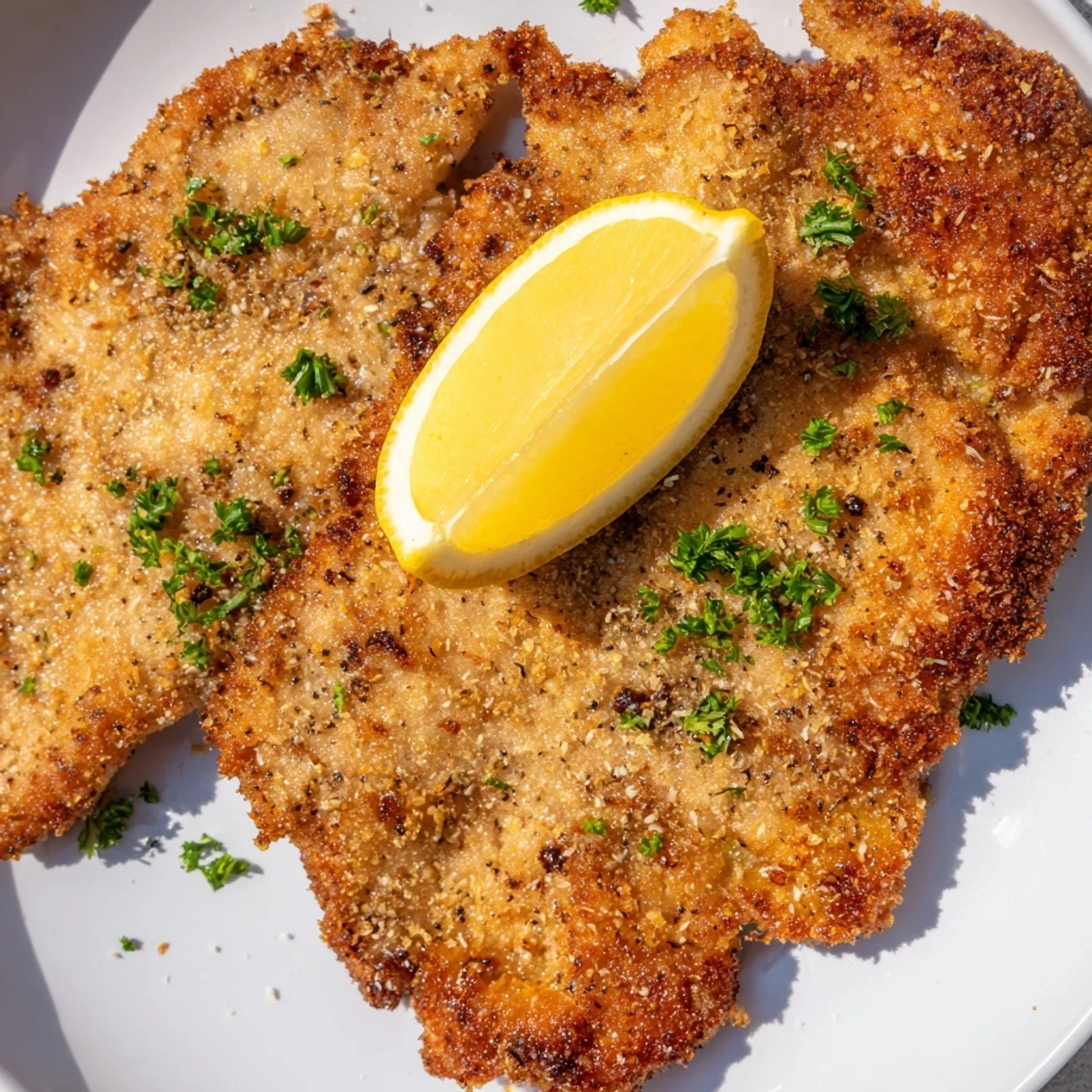 Golden-brown Austrian Wiener Schnitzel, perfectly fried and ready to be served with lemon wedges.