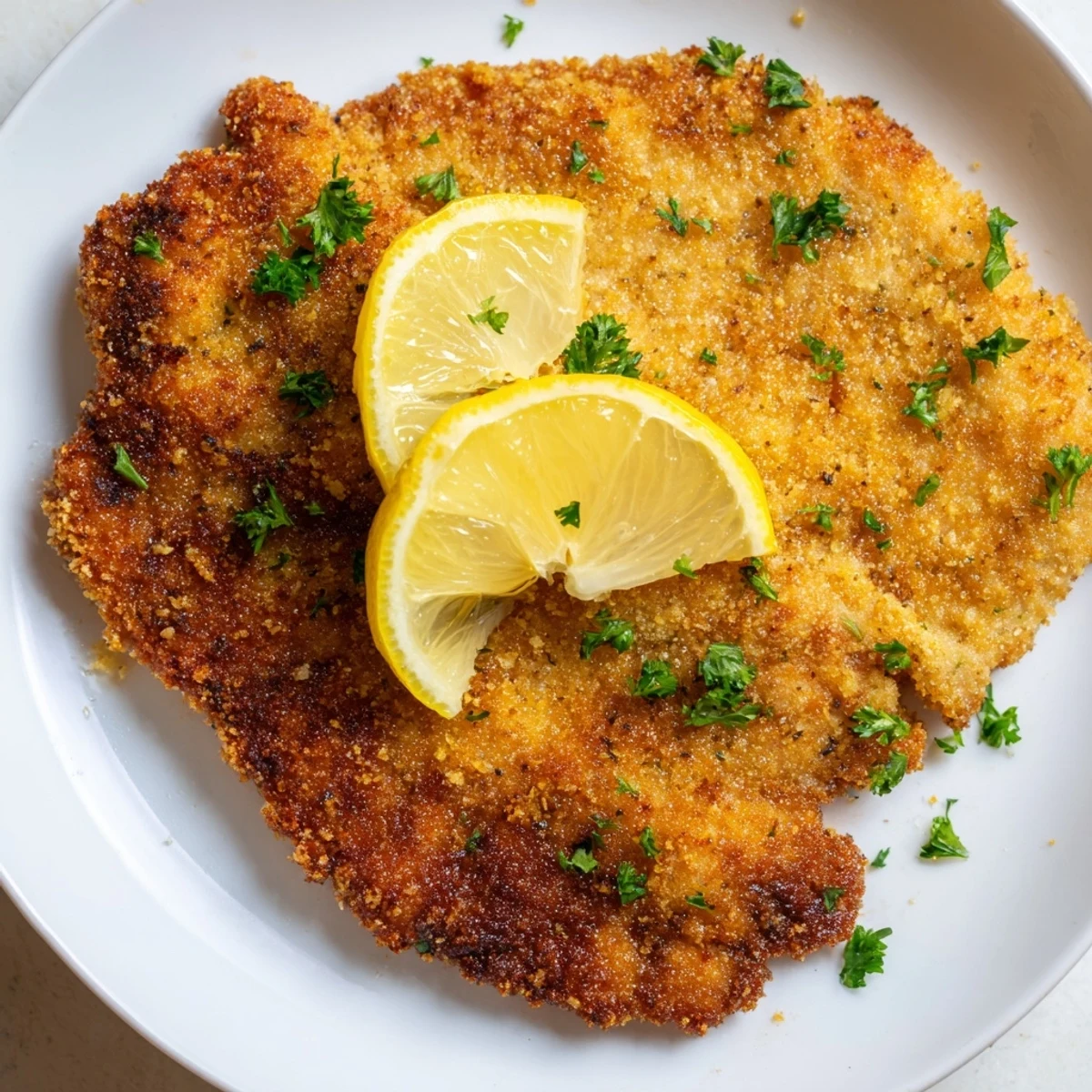 Tender veal cutlets transformed into delicious Austrian Wiener Schnitzel, golden and ready for dinner.