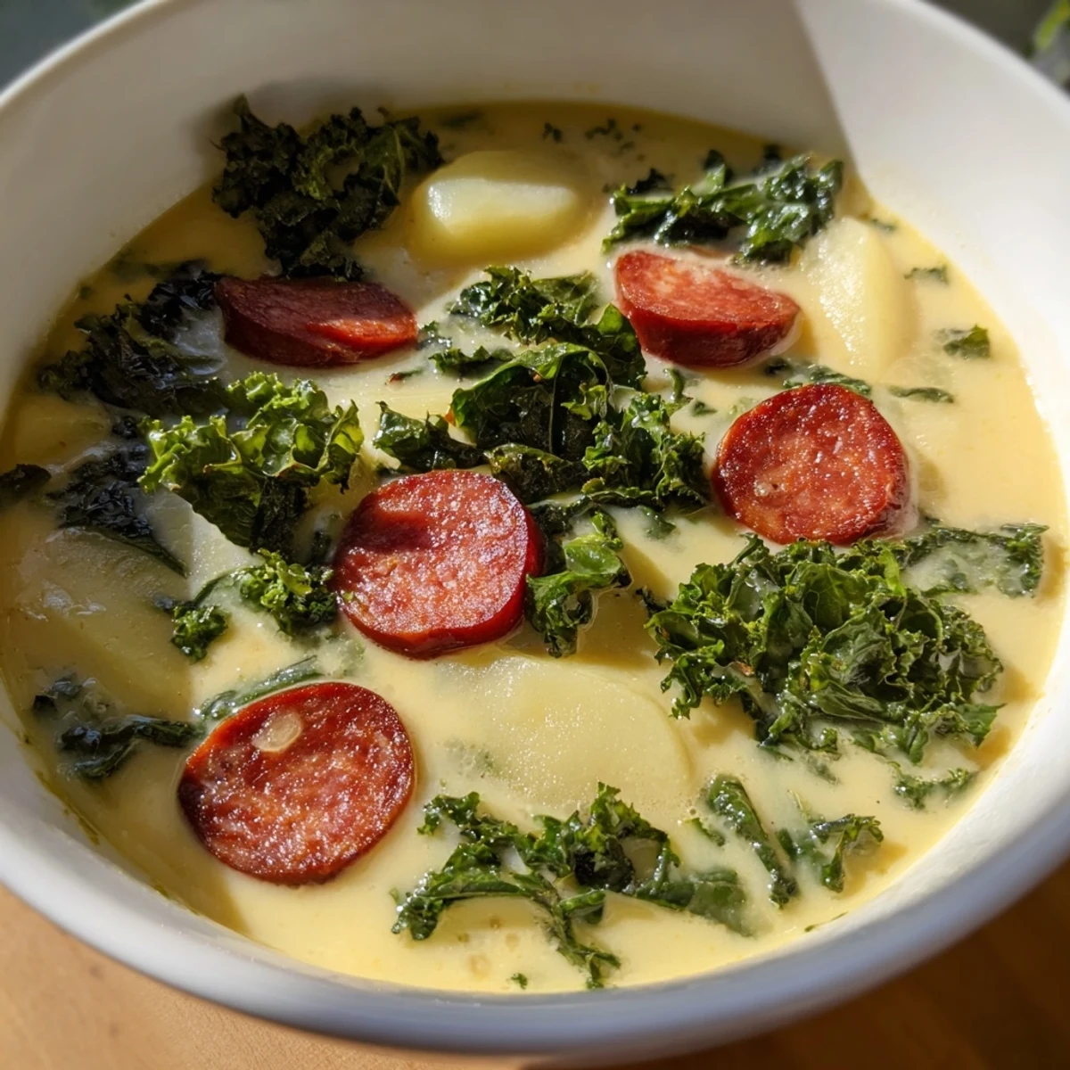Close-up of hearty Portuguese Caldo Verde, a rustic potato soup garnished and ready to serve.