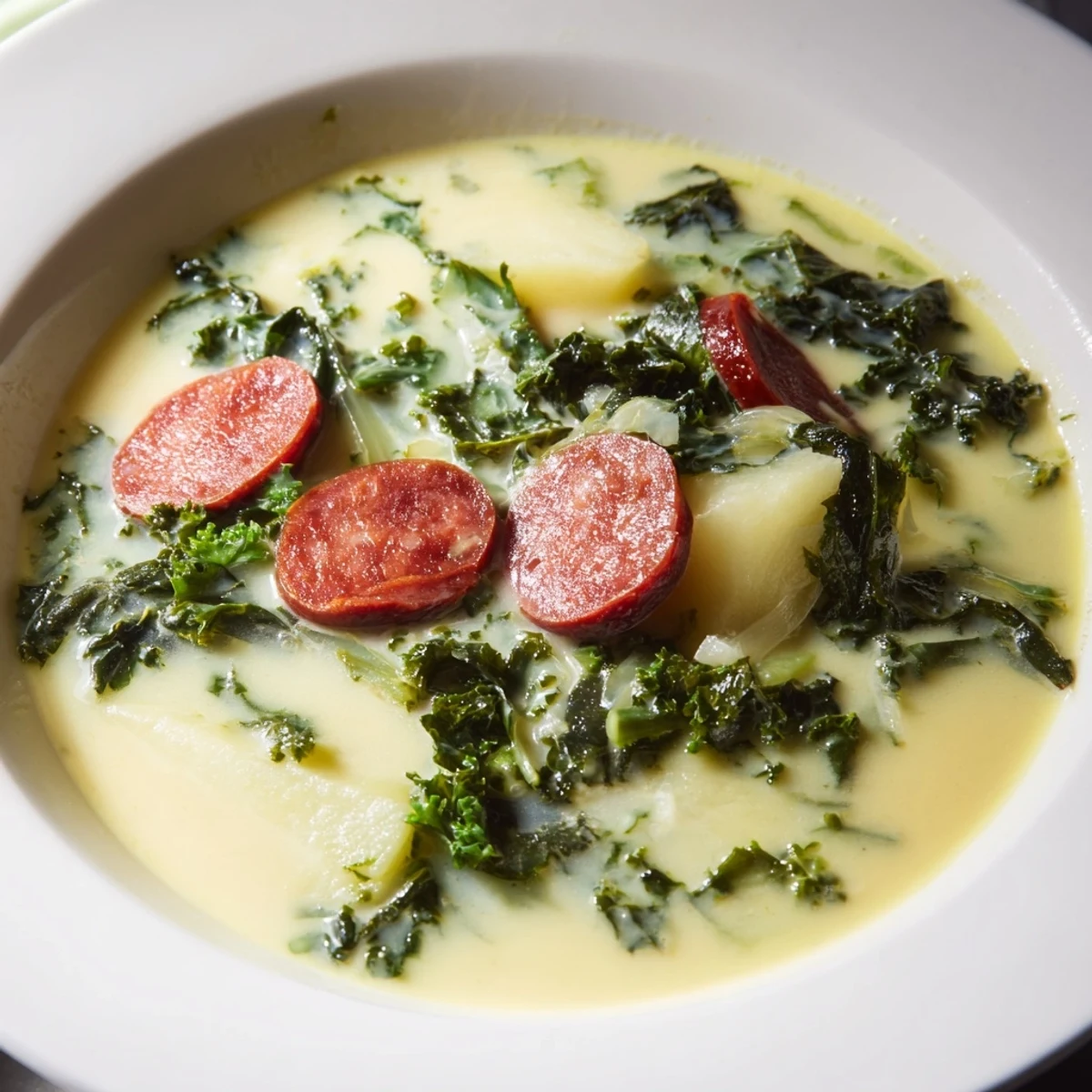 A vibrant bowl of Portuguese Caldo Verde, showcasing tender kale and smoky chorizo in a creamy soup.