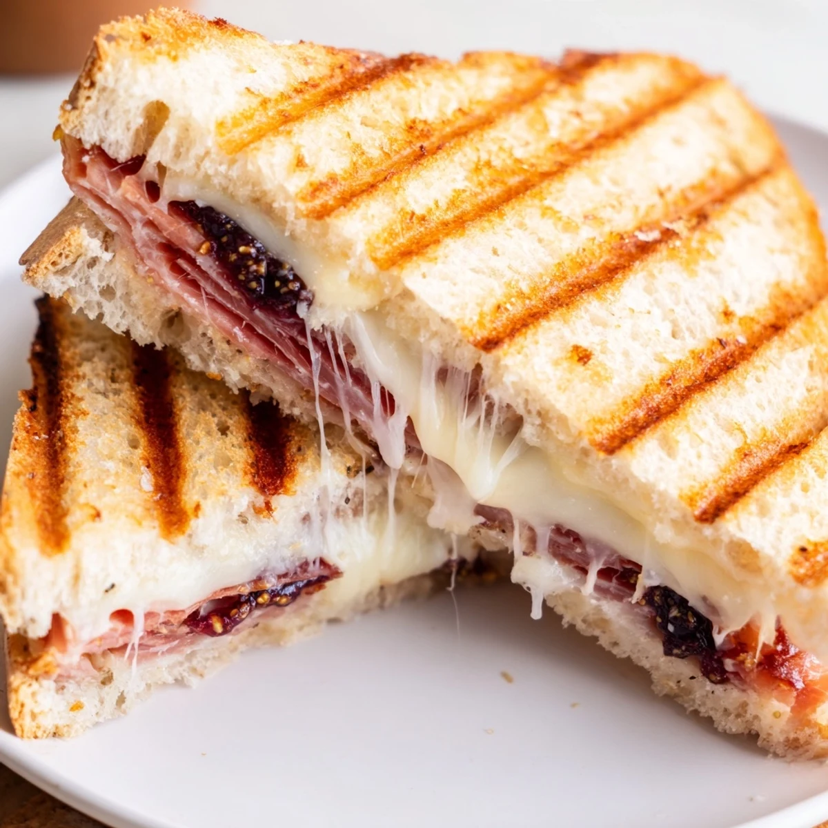 Crispy Prosciutto & Fig Panini with golden, toasted bread and melted fontina cheese on a wooden board.