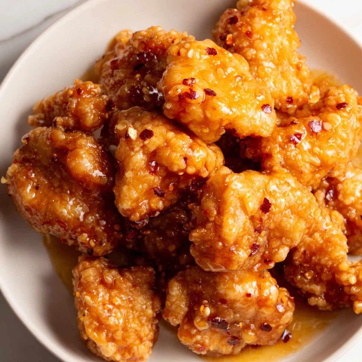 Golden fried chicken thighs glistening in a sweet and spicy hot honey butter sauce, served hot and ready to eat.