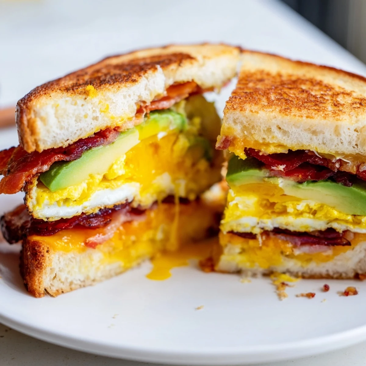 A close-up of a loaded breakfast sandwich with crispy bacon, creamy avocado, and melted cheese on golden toasted sourdough.