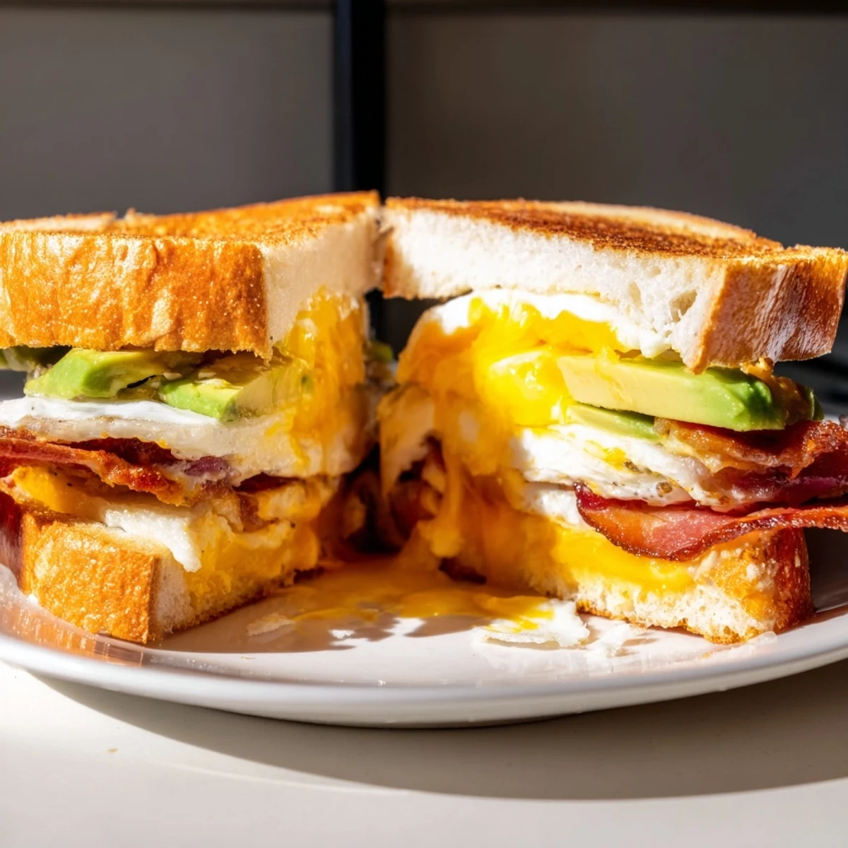 The loaded breakfast sandwich is cut in half, revealing layers of fluffy egg and fresh spinach on artisan bread.
