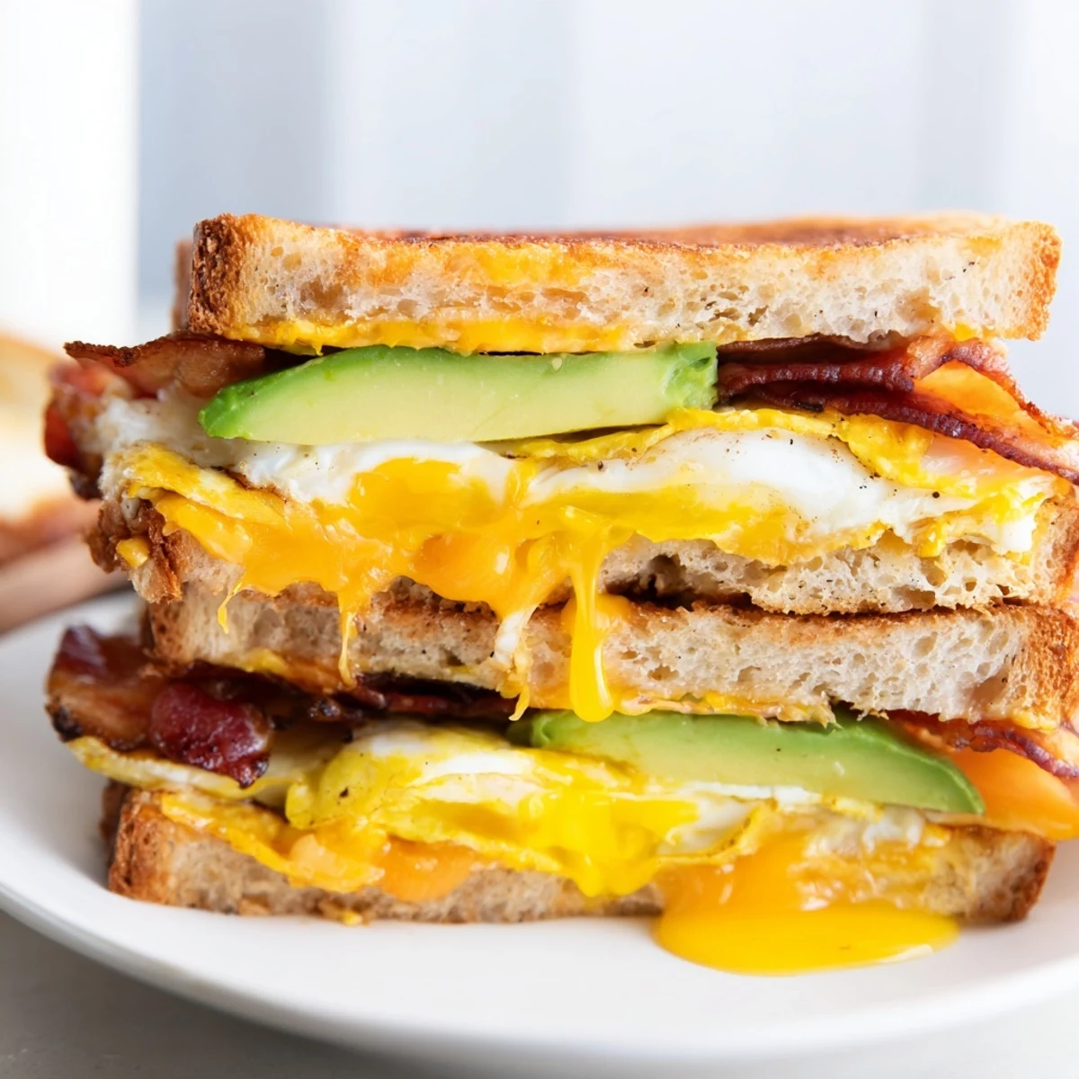 Served on a rustic plate, this loaded breakfast sandwich pairs perfectly with hot coffee for a hearty morning meal.