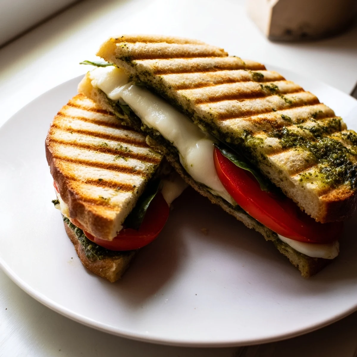 A close-up of Panini Press Innovations turkey and cranberry panini, with Swiss cheese oozing and spinach peeking from crispy multigrain bread.  