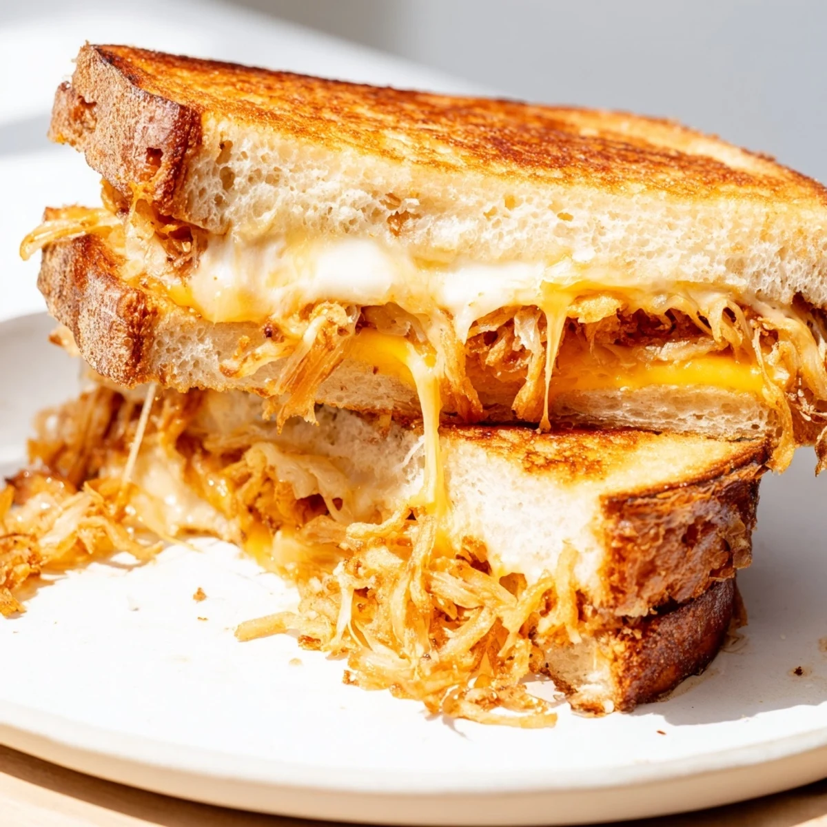 Golden-brown Crispy Onion Grilled Cheese sandwiches rest on a wooden cutting board, showcasing melted cheddar and mozzarella oozing from buttery sourdough bread.
