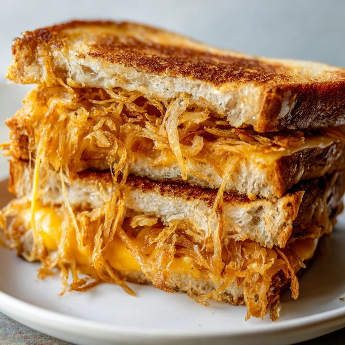 A close-up of Crispy Onion Grilled Cheese reveals crispy fried onions nestled between gooey cheese layers in a toasted sandwich.