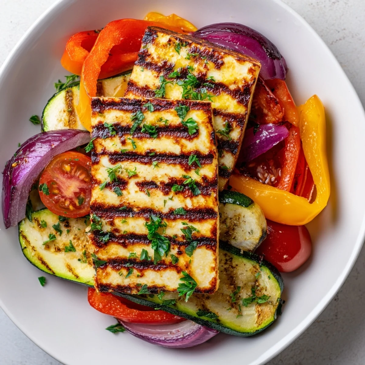 Grilled halloumi cheese steak garnished with parsley and lemon wedges, served alongside vibrant Mediterranean vegetables.