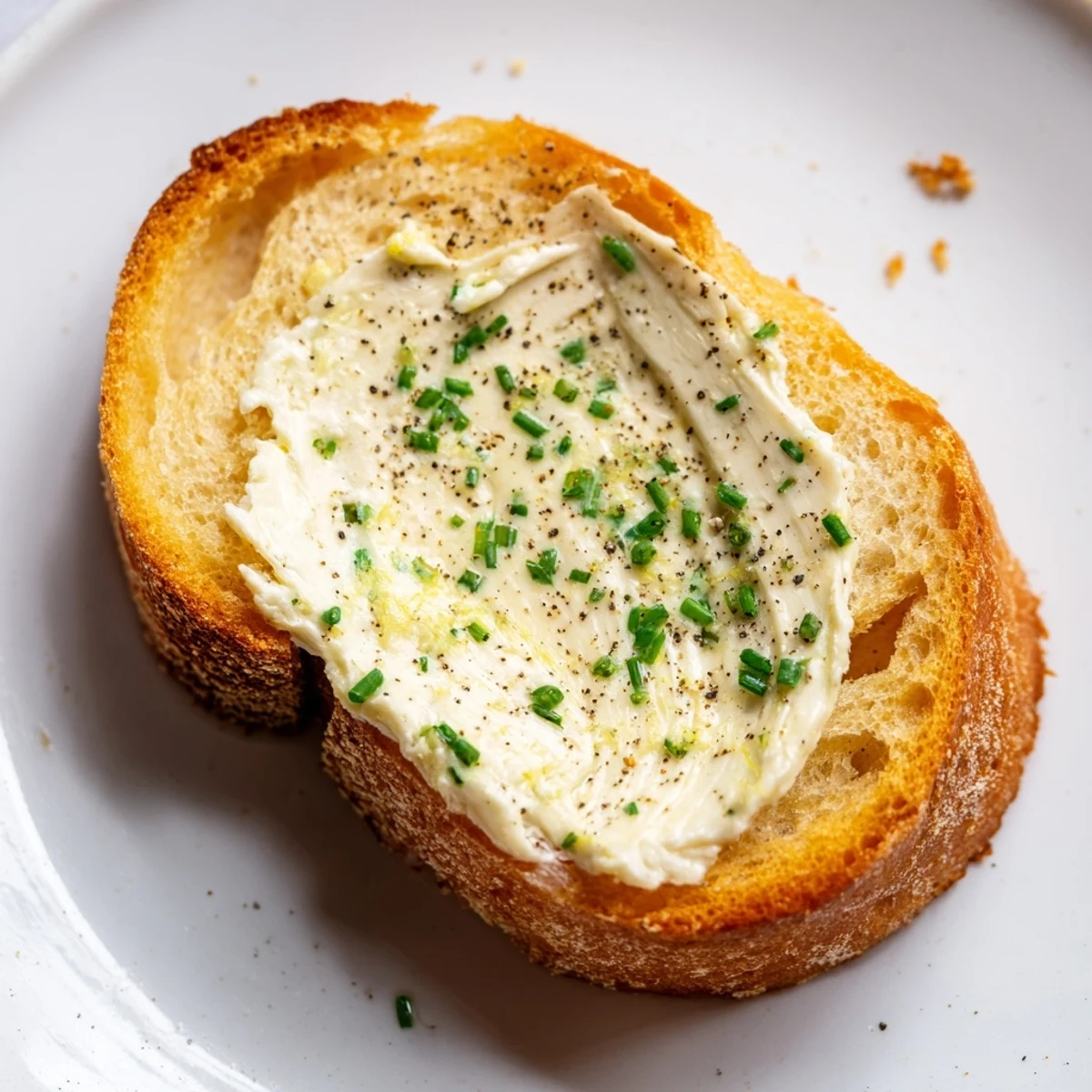 Golden, crisp vodka butter crostini topped with creamy vodka butter, lemon zest, and fresh chives, served as an elegant appetizer.