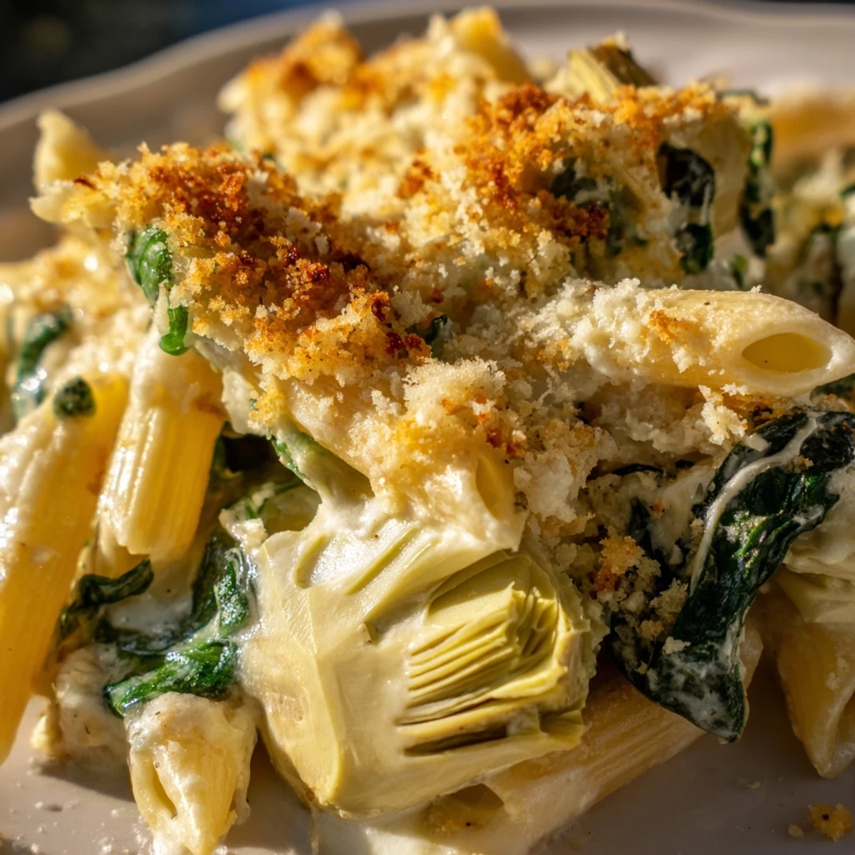 Golden-brown baked Artichoke Pasta Bake with creamy spinach and marinated artichoke hearts in a casserole dish.