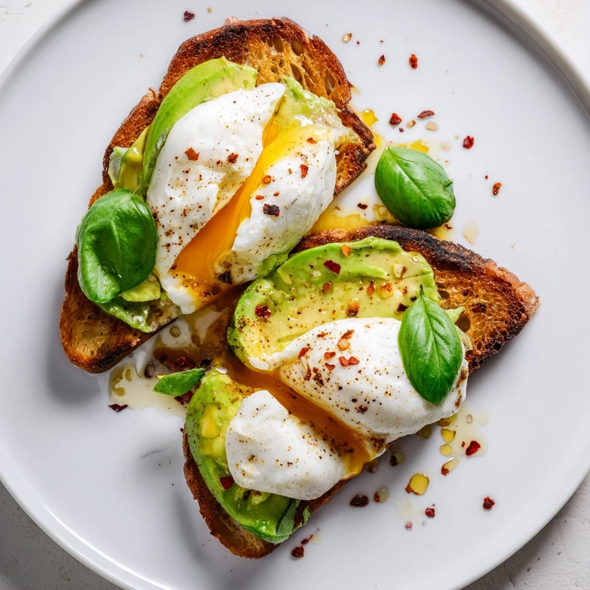 Golden toasted sourdough topped with creamy smashed avocado and melted mozzarella, finished with fresh basil on a plate.  