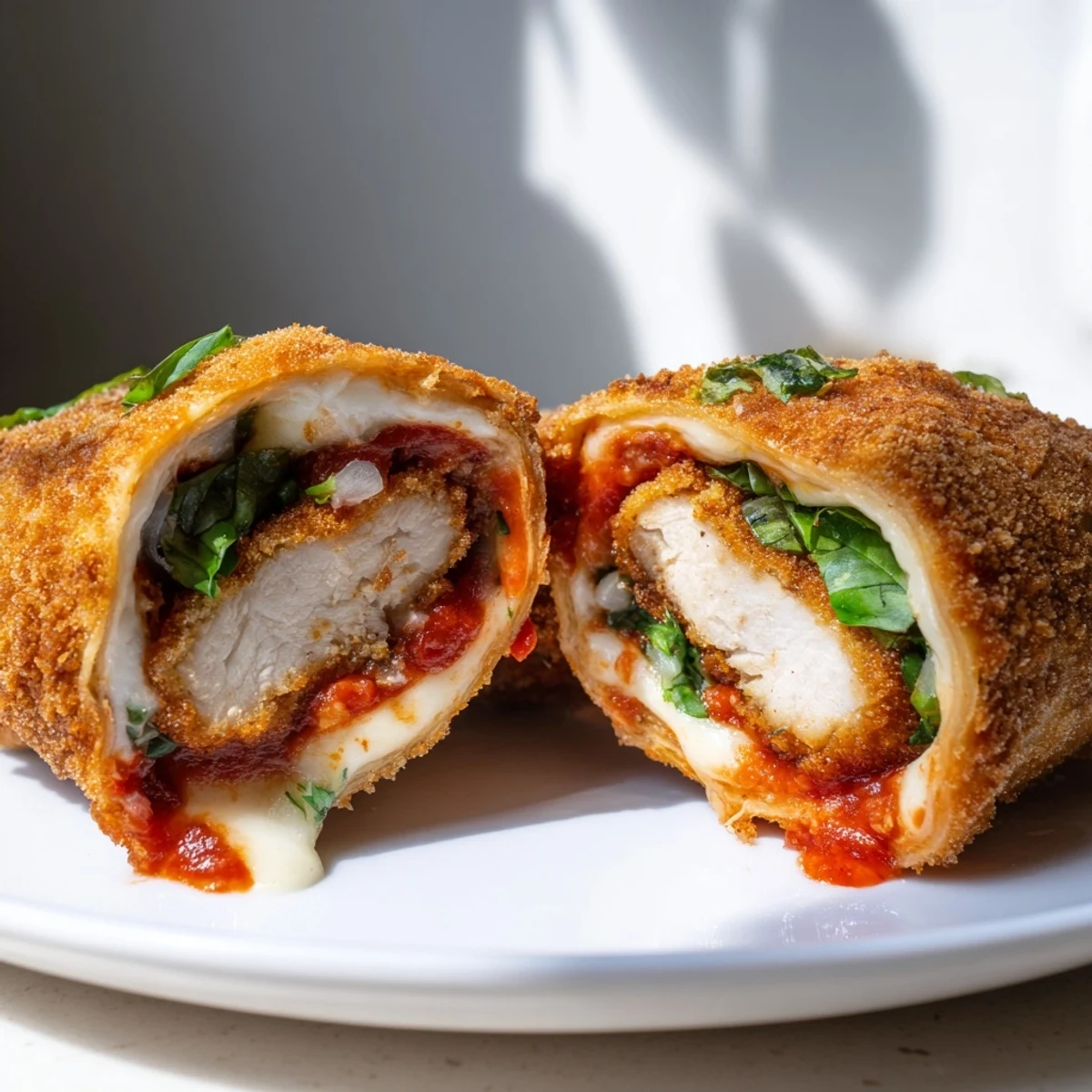 Crispy Chicken Parm Wrap filled with golden fried chicken cutlet, marinara sauce, and melted mozzarella.