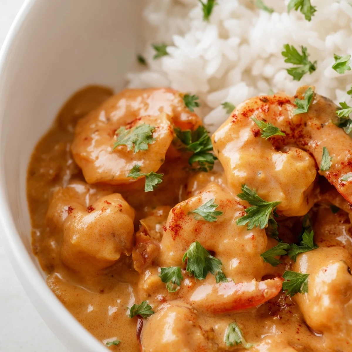 Plump, pink Cajun shrimp simmer in a creamy, spicy sauce atop fluffy jasmine rice.  