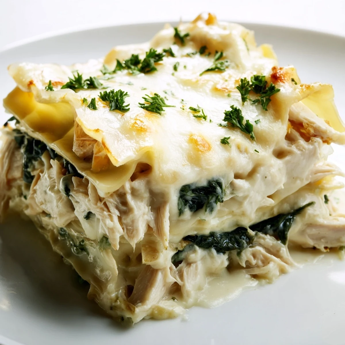 Golden-brown Chicken Alfredo Lasagna bubbling with creamy Alfredo sauce, tender chicken, and spinach between pasta layers in a white dish.  