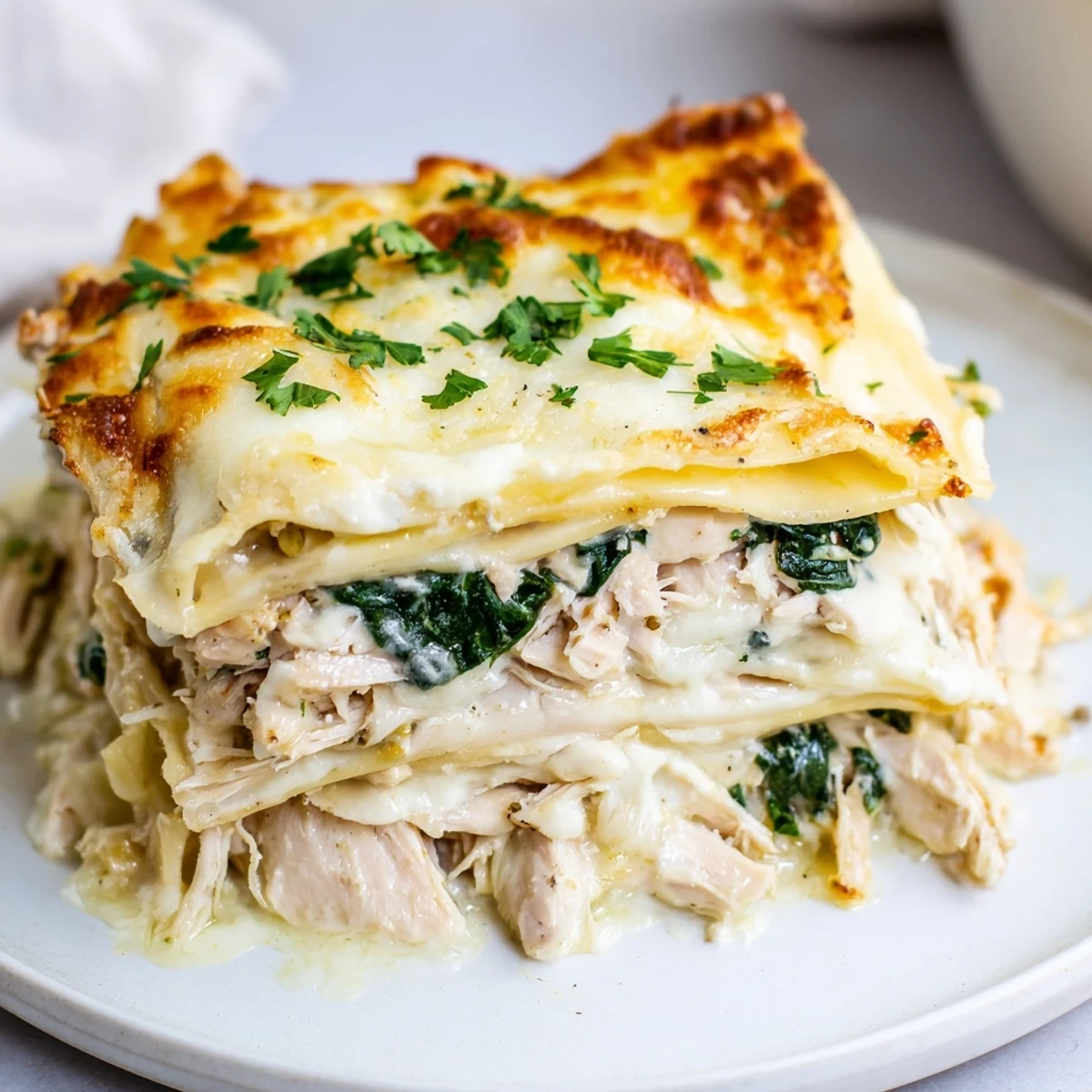 A slice of Chicken Alfredo Lasagna revealing cheesy mozzarella pull and creamy ricotta filling with spinach and chicken.  