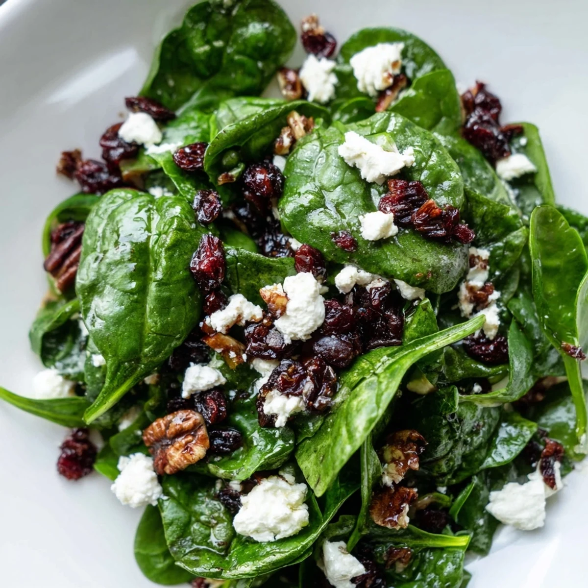 Fresh baby spinach, creamy goat cheese, and tart cranberries tossed in tangy balsamic vinaigrette, served in a rustic bowl for a vibrant light lunch.