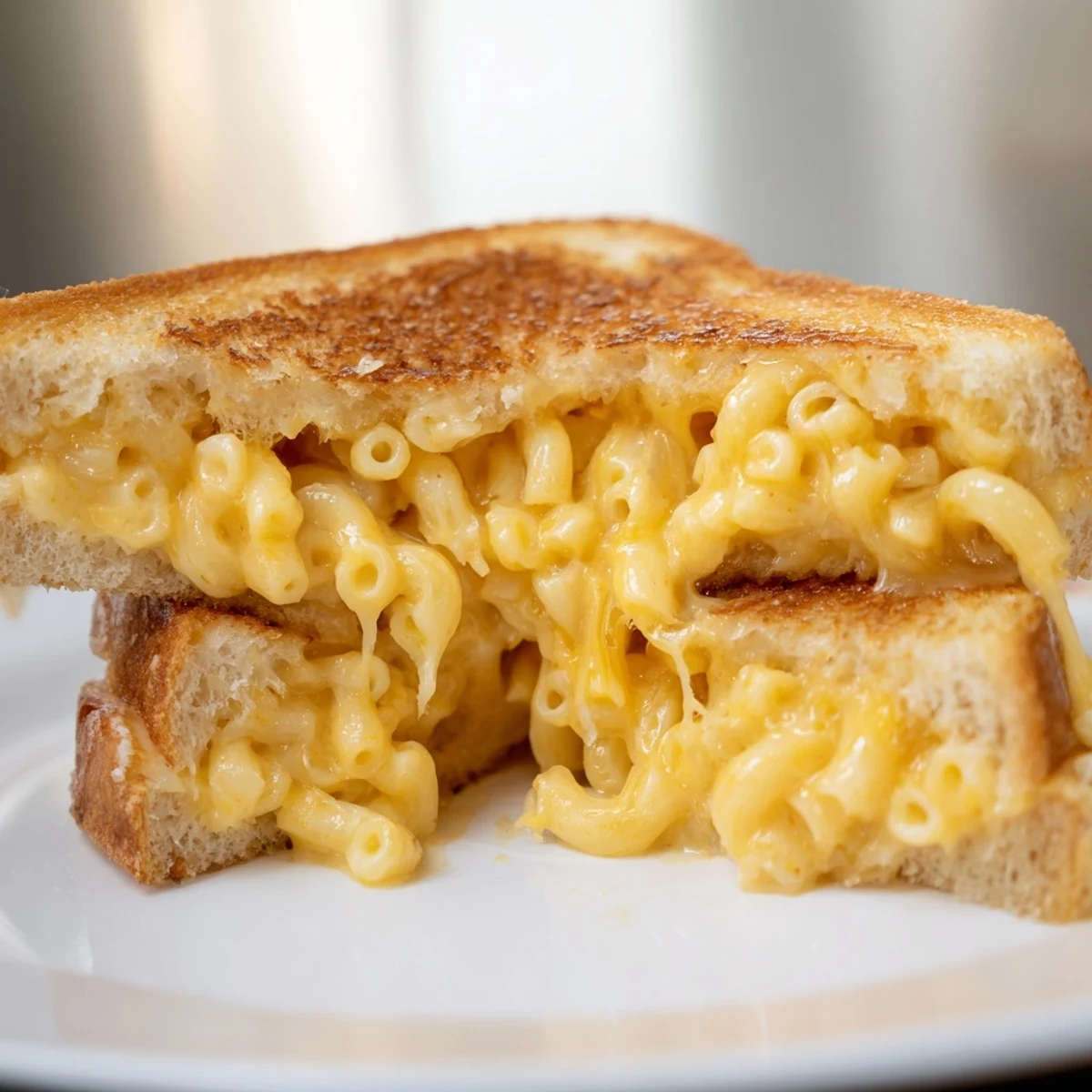 Freshly cooked Mac & Cheese Grilled Cheese rests beside a bowl of tomato soup, highlighting a classic American comfort meal.