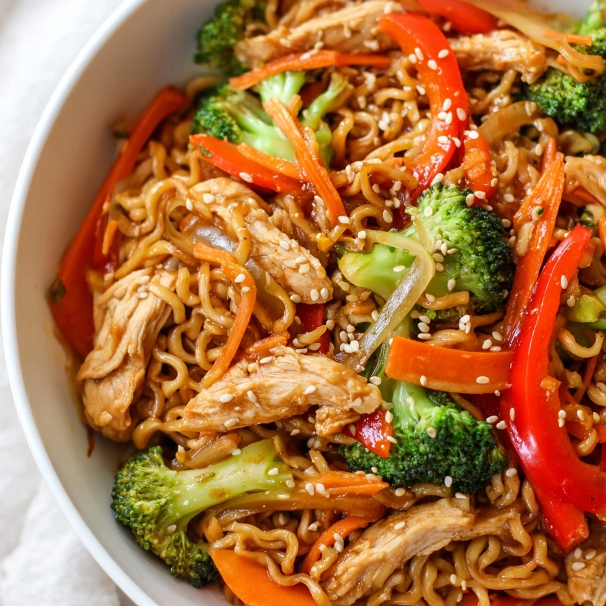 Vibrant Spicy Ramen Stir-Fry with tender chicken, crisp bell peppers, and broccoli tossed in a glossy, fiery sauce.