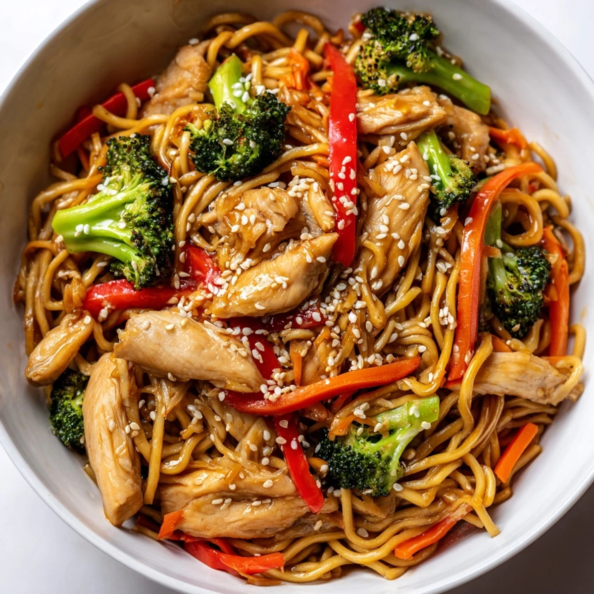 Quick, weeknight-friendly Spicy Ramen Stir-Fry featuring golden noodles, julienned carrots, and a bold chili-garlic aroma in a wok.