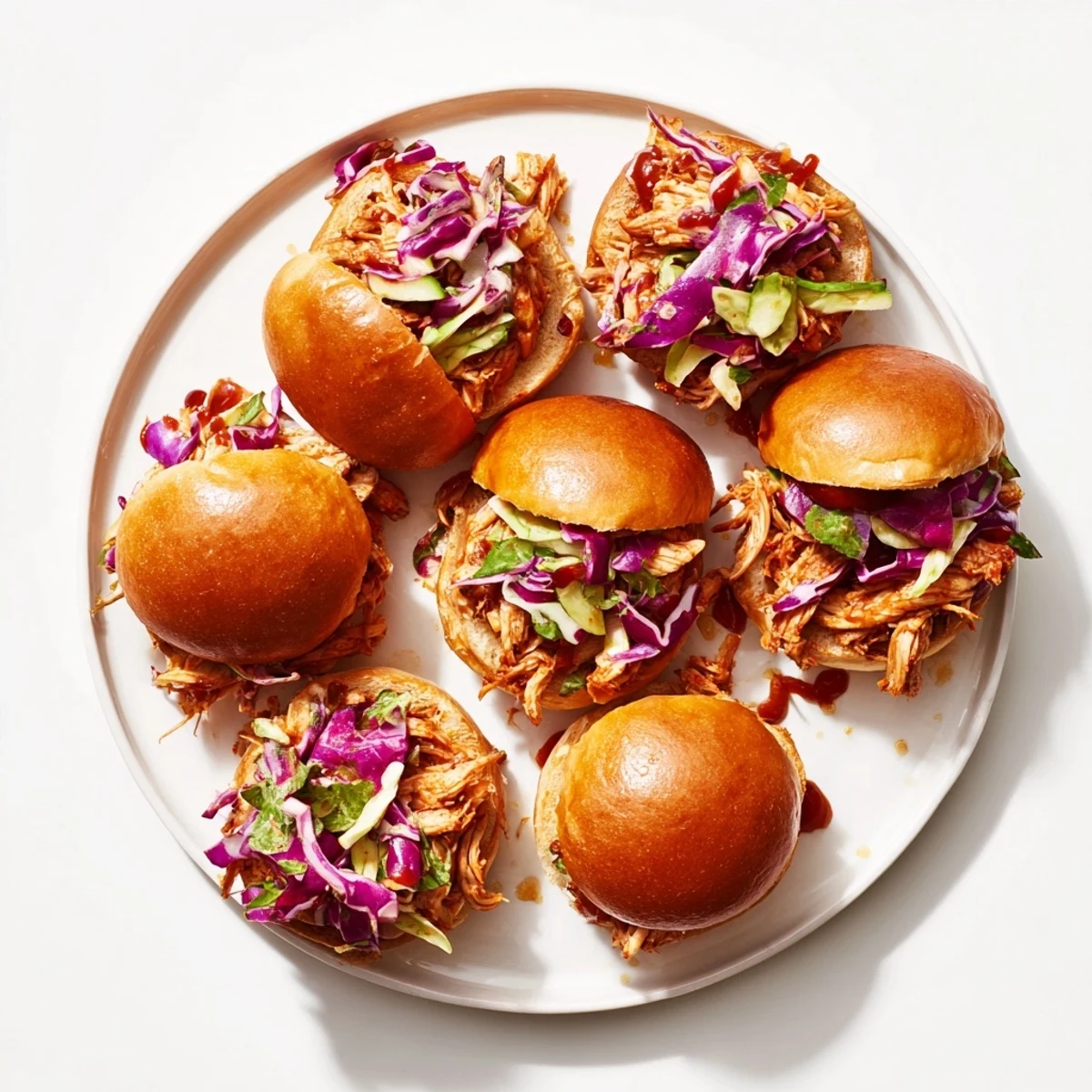 Freshly assembled BBQ chicken sliders piled high with tangy slaw and glossy barbecue sauce, ready to serve for a crowd-pleasing appetizer.