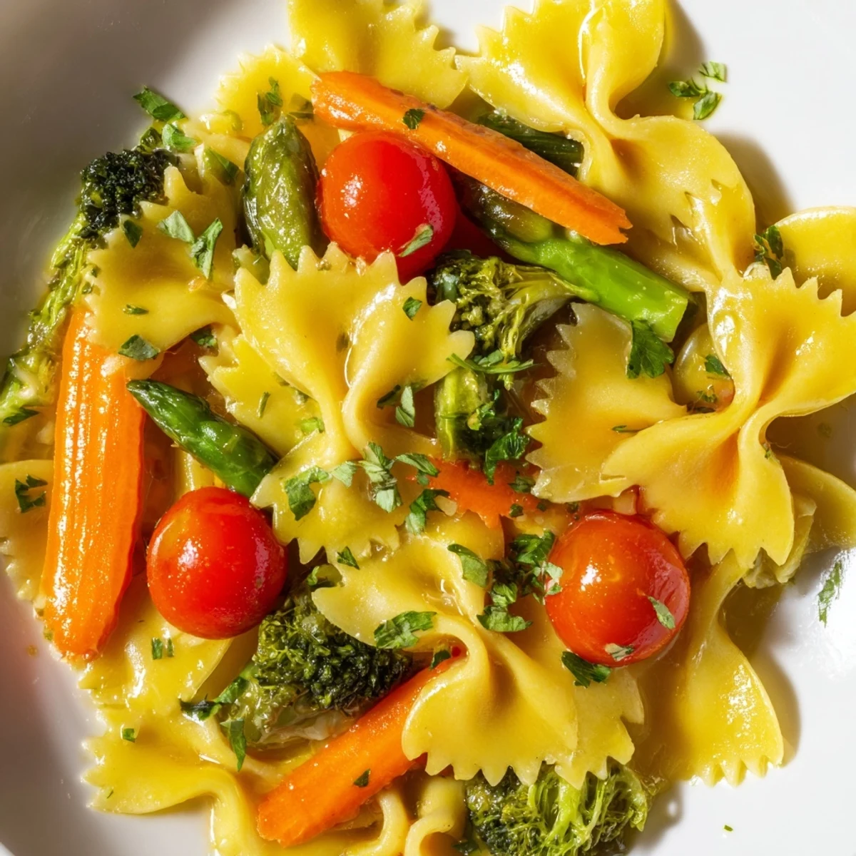 Vibrant bow-tie pasta primavera with roasted asparagus, cherry tomatoes, and broccoli in a light garlic sauce.