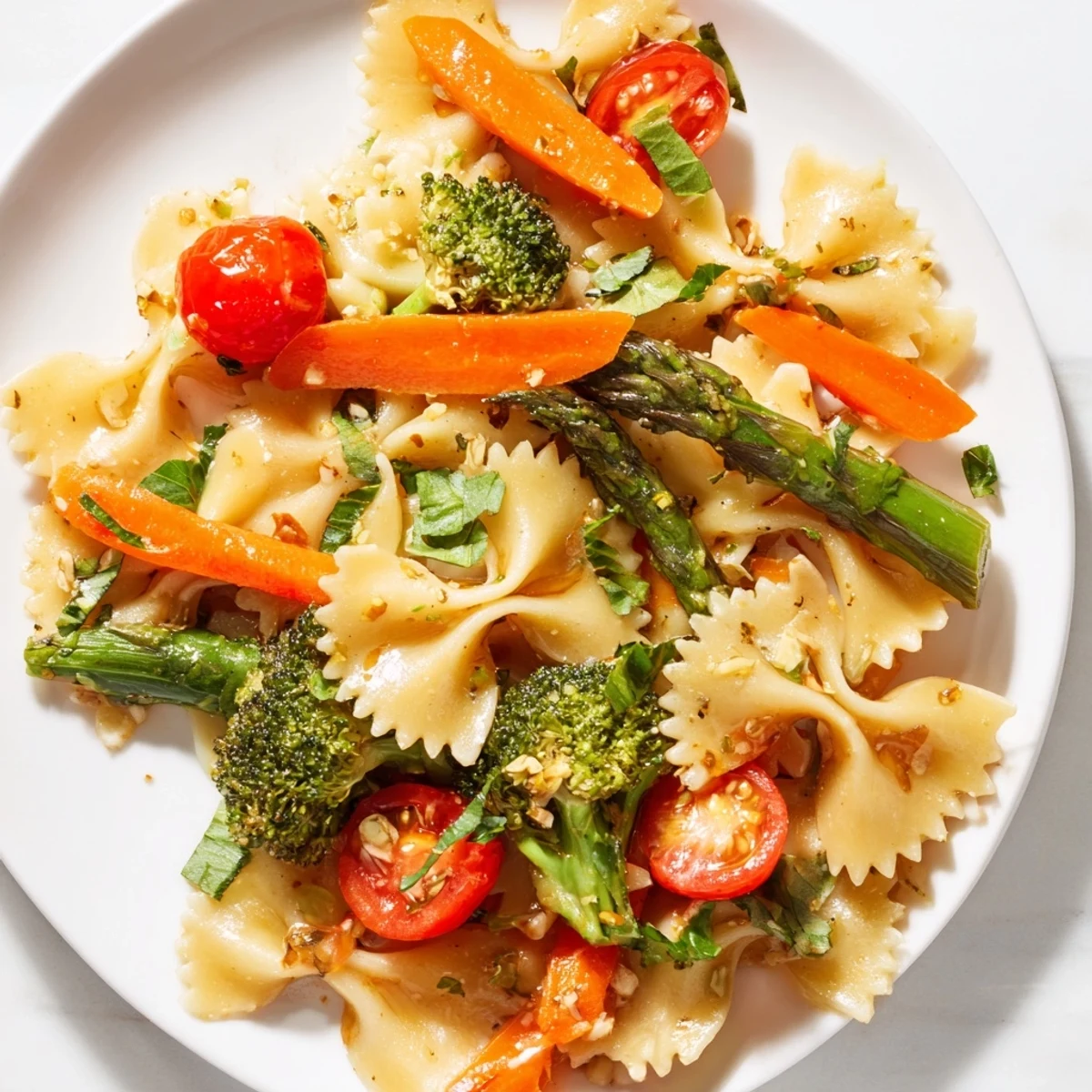 A fresh serving of rainbow veggie pasta primavera, garnished with basil and Parmesan, perfect for spring.