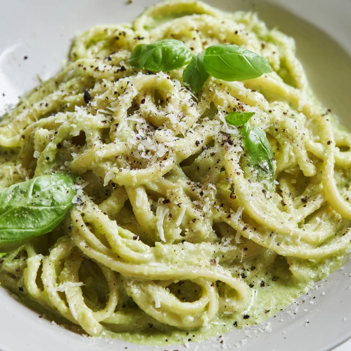 Creamy Green Pea Alfredo pasta twirled on a fork, highlighting the vibrant green sauce and fresh basil garnish.  