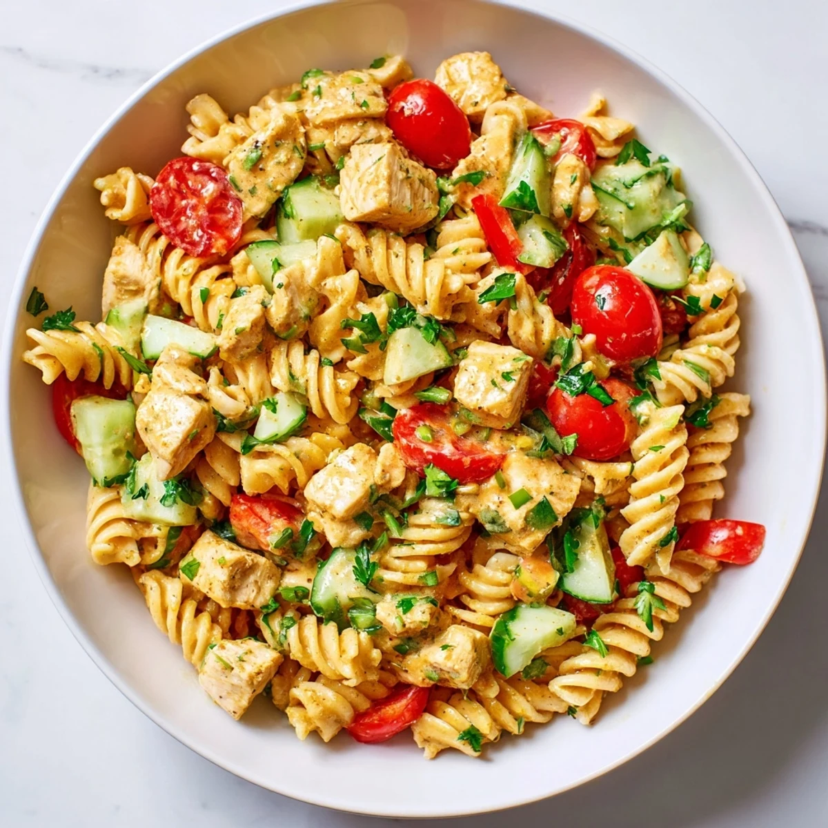 A vibrant Honey Mustard Chicken Pasta Salad features tender grilled chicken, al dente fusilli, and crisp veggies tossed in a zesty dressing.