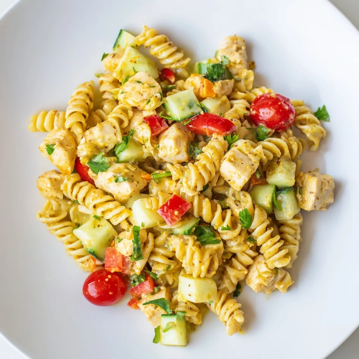 Close-up of Honey Mustard Chicken Pasta Salad showing glossy dressing coating pasta, chicken, and colorful bell peppers—perfect for a light meal.