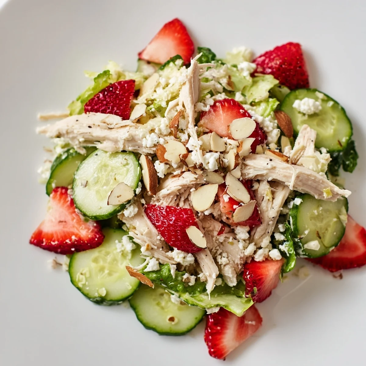 Light and summery Strawberry Poppy Seed Chicken Salad with tender chicken, sweet berries, and crunchy almonds.