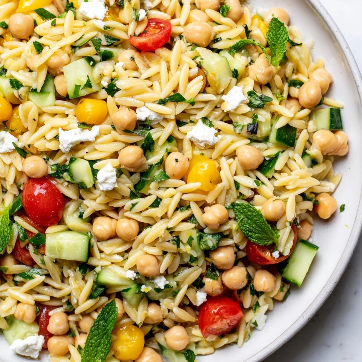 Fresh Lemony Chickpea Orzo Salad in a white bowl, featuring bright yellow lemon wedges and green herbs for a zesty Mediterranean side.
