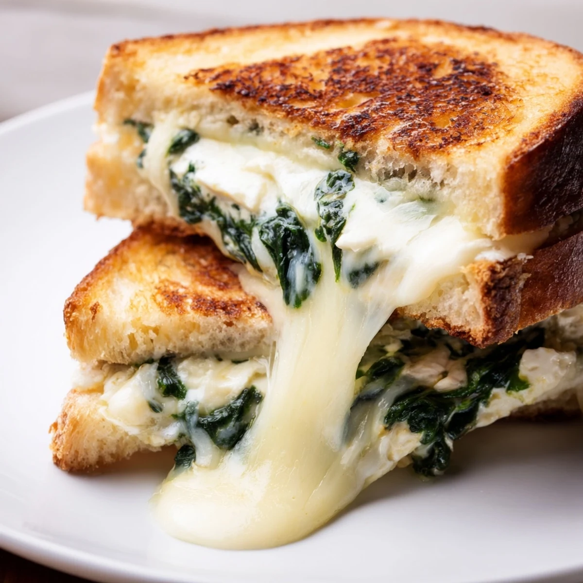 Golden-brown Feta & Spinach Stuffed Grilled Cheese slices showing melted cheese and vibrant green spinach on thick sourdough.