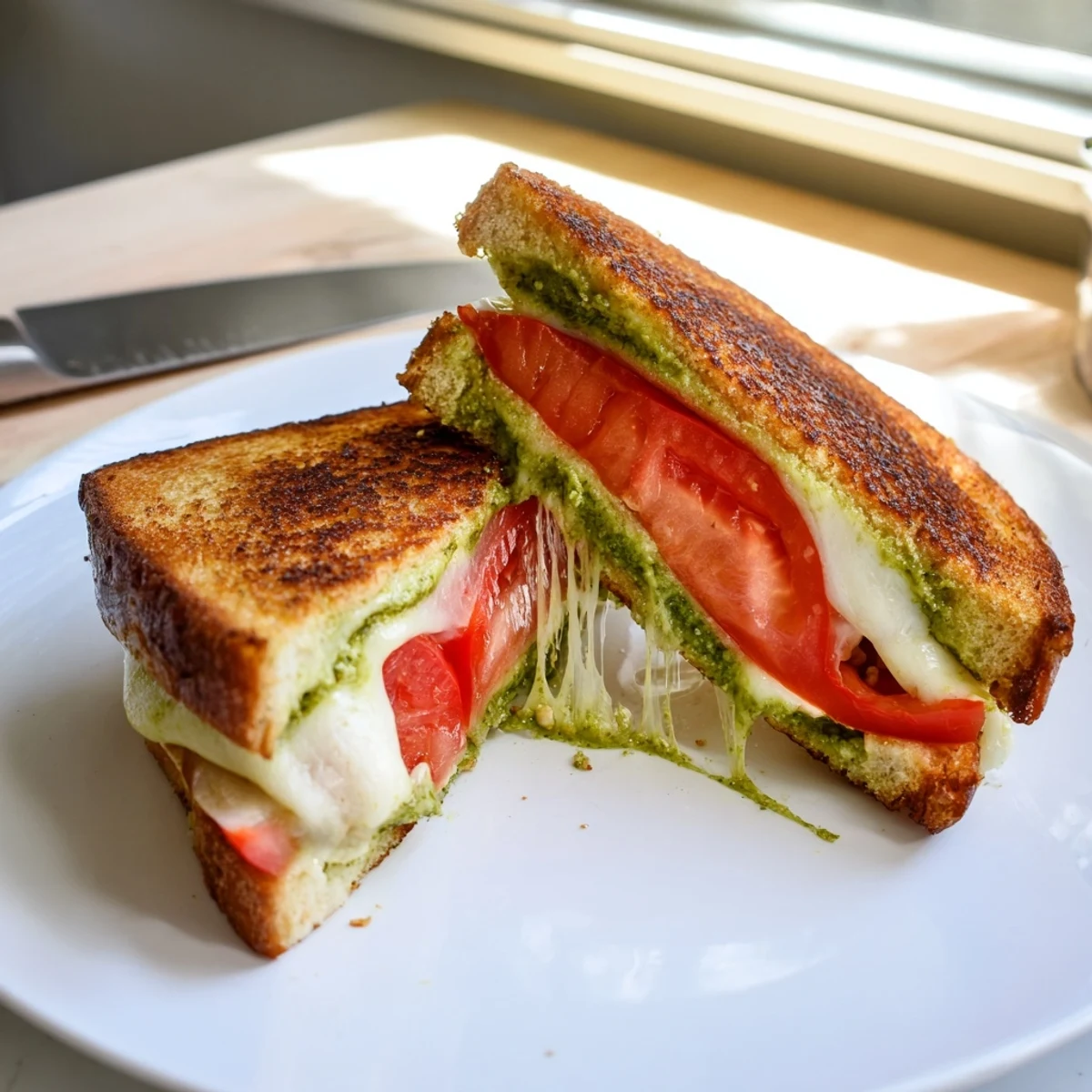 Fresh mozzarella melts between sourdough slices with juicy tomato rounds and vibrant green pesto, garnished with basil.