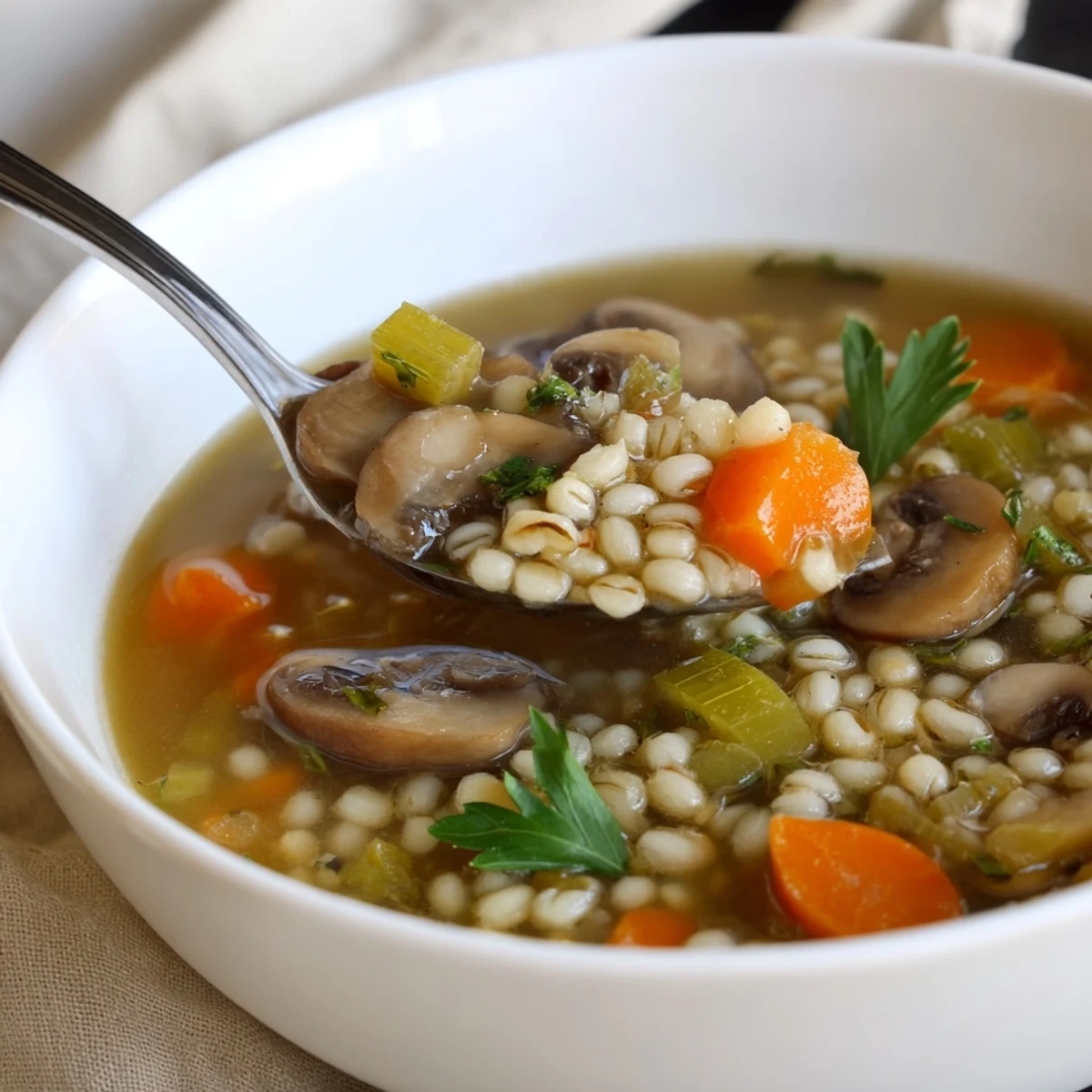 Steaming Mushroom and Barley Soup in a rustic bowl, topped with fresh parsley and a bright lemon wedge.