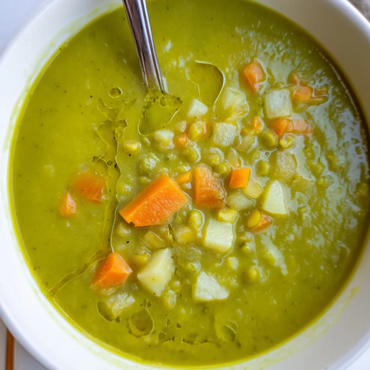 Thick, creamy Split Pea Soup with tender vegetables in a rustic ceramic bowl, topped with fresh parsley.