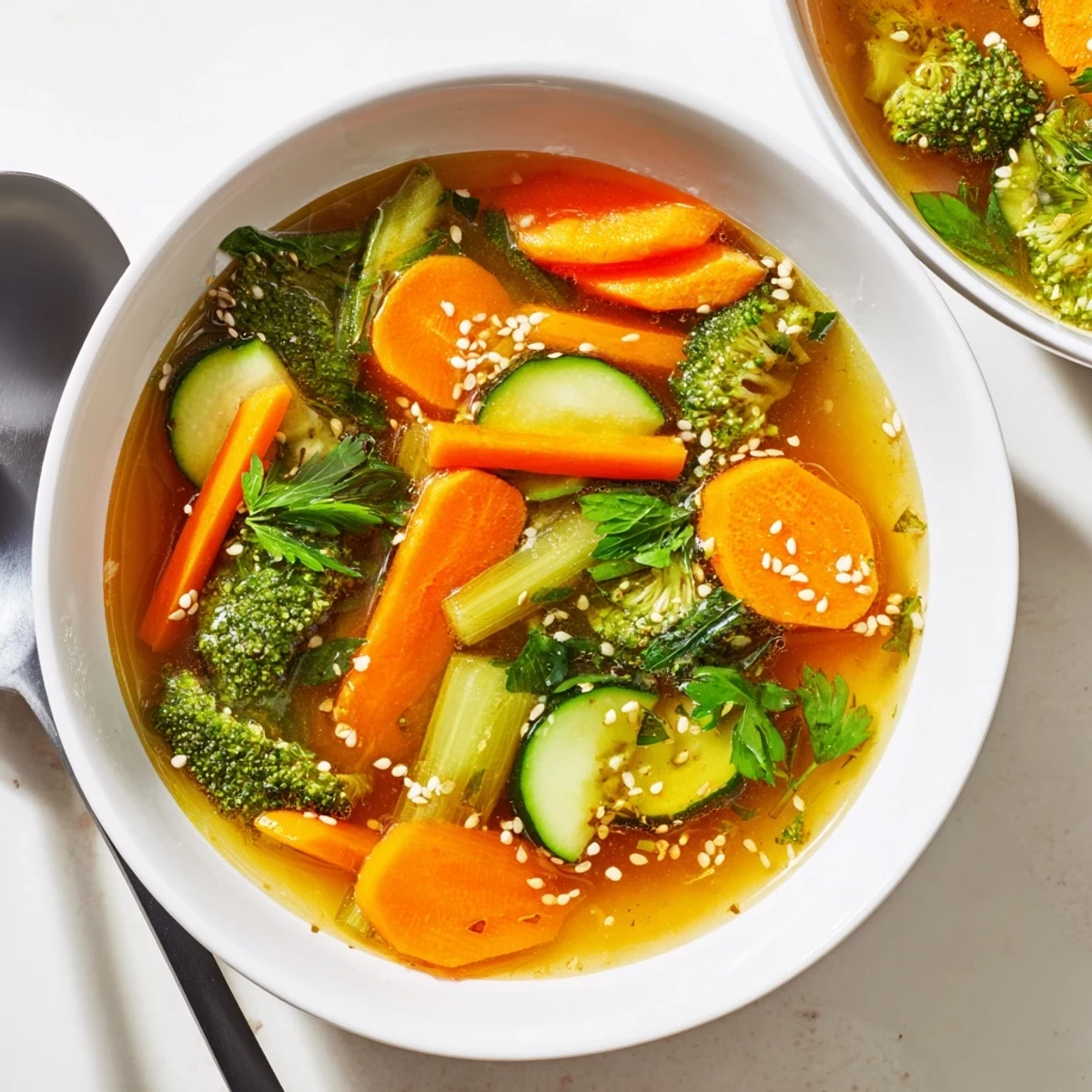 A warm bowl of Collagen-Boosting Broth with vibrant carrots, celery, and zucchini.