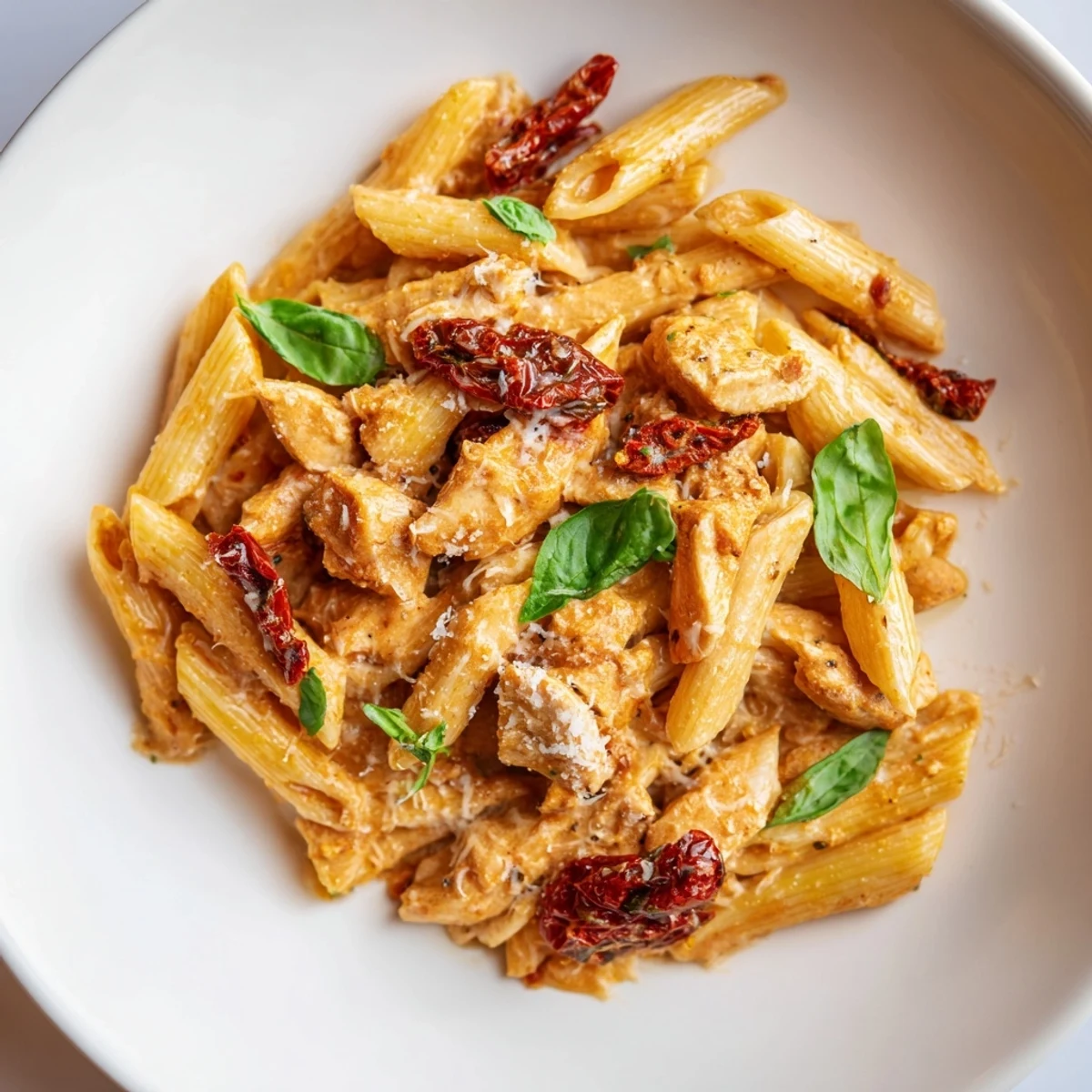 Tender strips of chicken and sun-dried tomatoes nestle in creamy penne pasta, garnished with fresh basil and grated Parmesan.