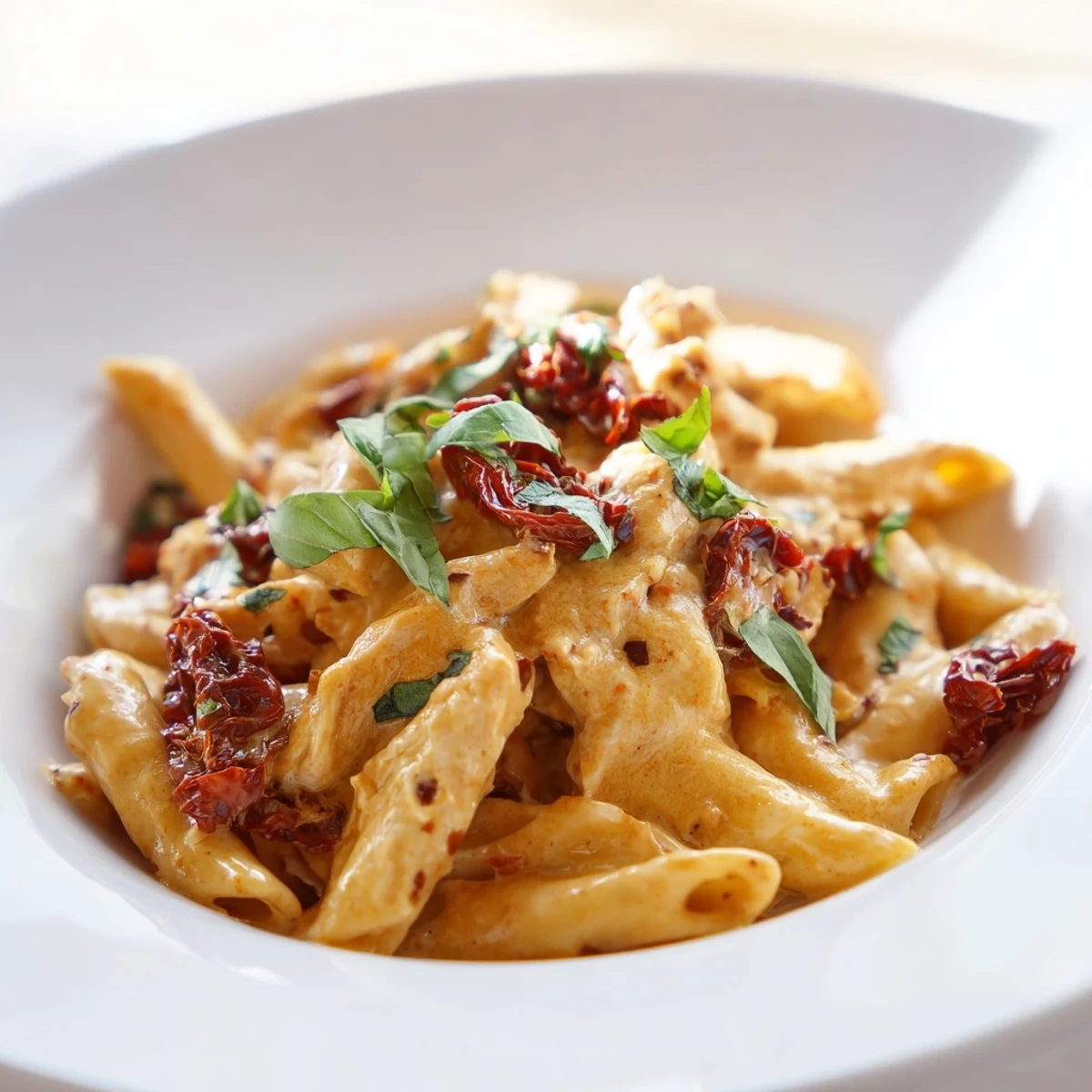 A close-up view of the rich, garlicky sauce coating every bite of the Creamy Sun-Dried Tomato Chicken Pasta.