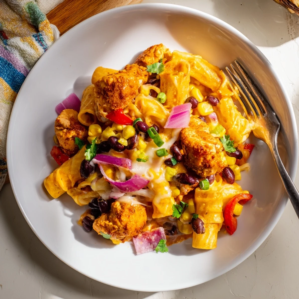 Golden, crispy chicken pieces nestle in a skillet of cheesy Crispy Chicken Burrito Pasta, garnished with fresh cilantro and spring onions.