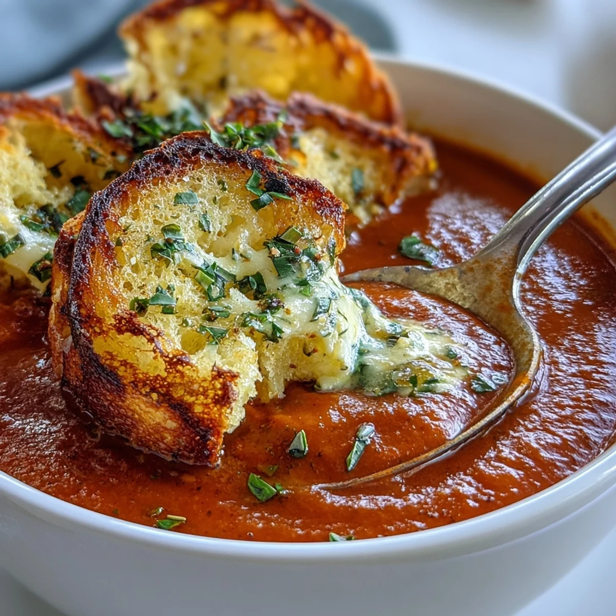 A bowl of roasted tomato soup with crispy golden croutons garnished with fresh thyme.