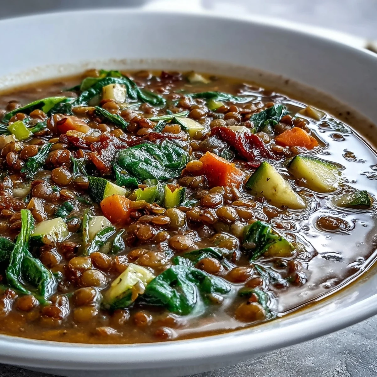 Nourishing lentil and vegetable soup topped with fresh parsley.
