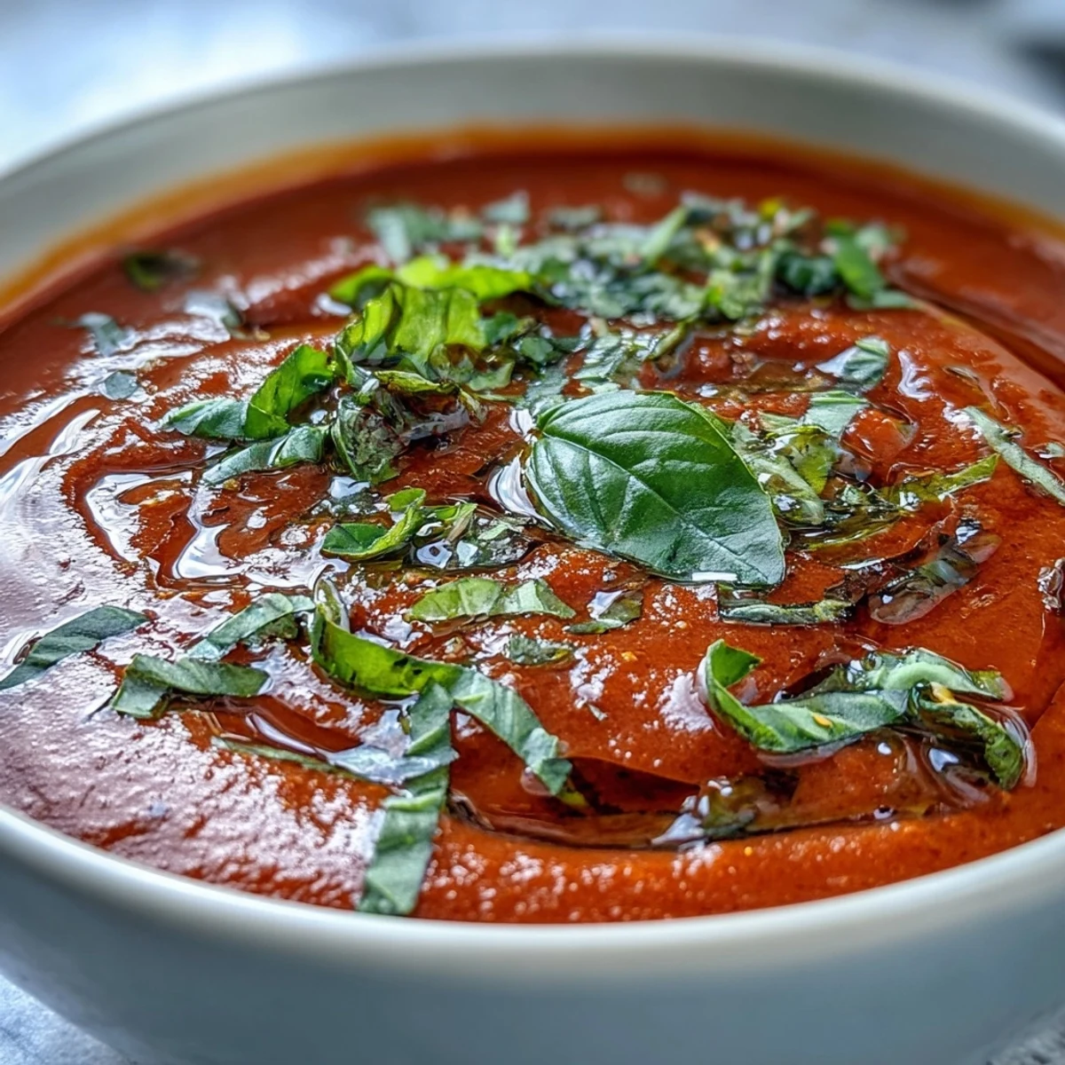 Vibrant tomato basil soup with fresh basil garnish, a refreshing Italian classic.