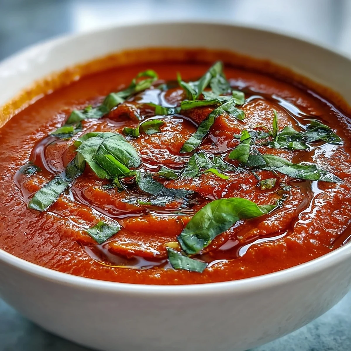 Velvety tomato basil soup, drizzled with olive oil for a rich, delicious meal.